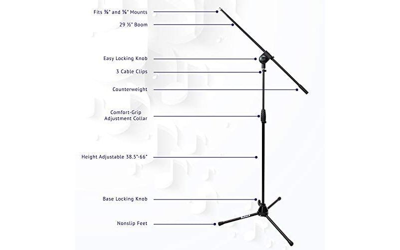 LyxPro Microphone Stand Boom Arm Tilting Rotating Floor Podium Stage or Studio Strong Durable And Foldable Height 38.5"- 66" Extends Arm to 29 3/8" Comes With 3/8" and 5/8" mount Adapters&hellip;