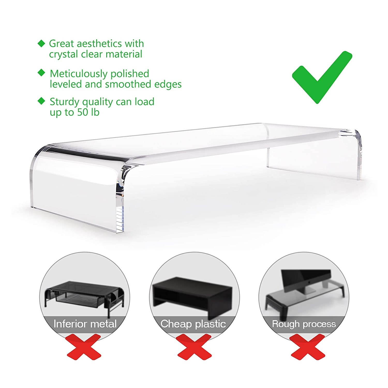 AboveTEK Premium Acrylic Monitor Stand, Custom Size Monitor Riser/Computer Stand for Home Office Business w/Sturdy Platform, PC Desk Stand for Keyboard Storage & Multi-Media Laptop Printer TV Screen