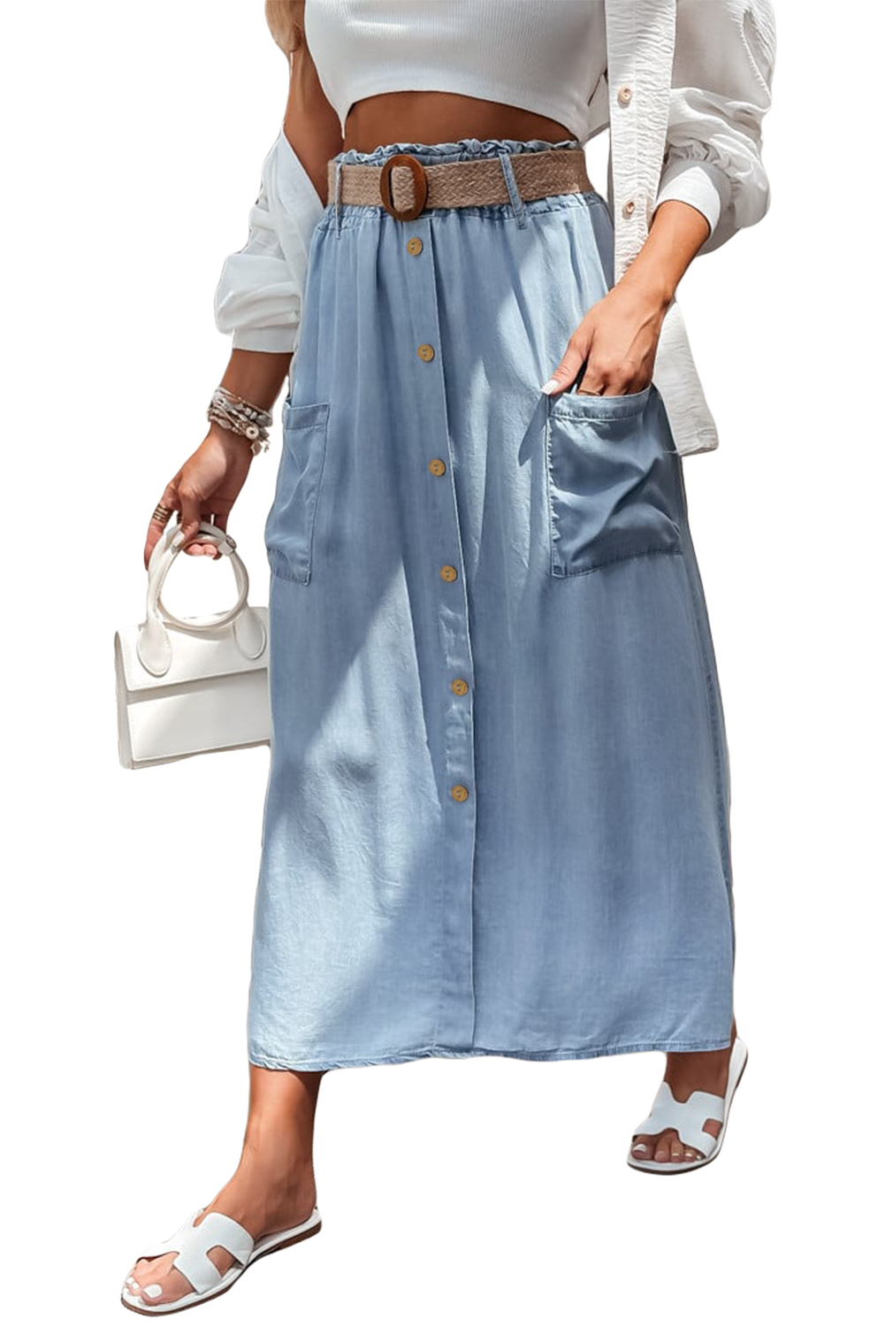 Beau Blue Buttoned Front High Waist Side Pockets Denim Maxi Skirt