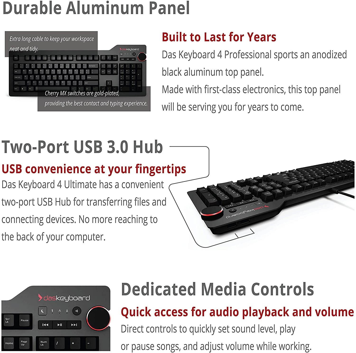 Das Keyboard 4 Professional Mechanical Keyboard - High Performance Clicky Tactile Feedback - Enhanced 104 Key Layout - Cherry MX Blue Switches - Oversized Volume Knob - Two Port USB 3.0 - Full NKRO