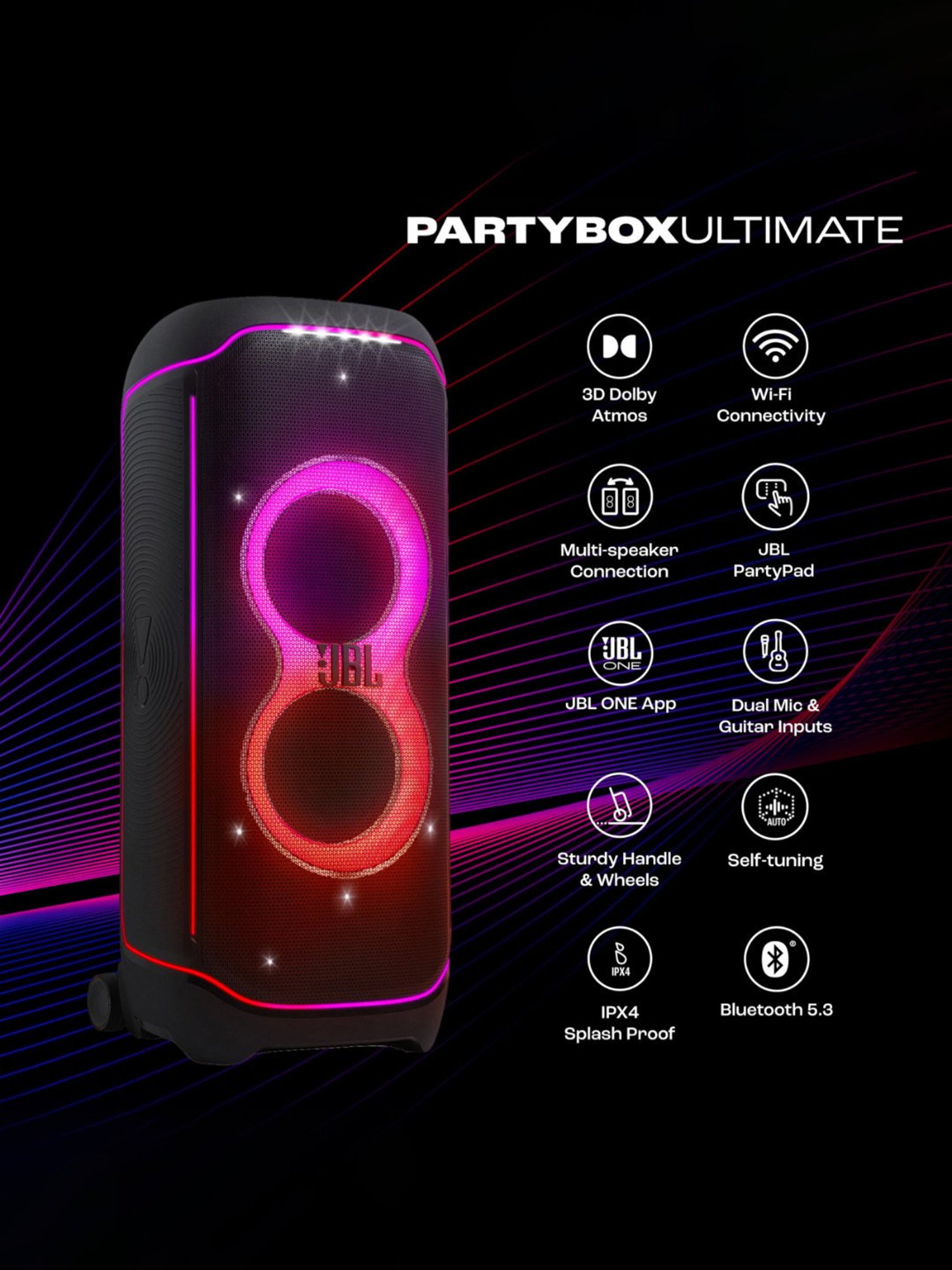 JBL Partybox Ultimate, 1100W Portable Party Speaker(Black)
