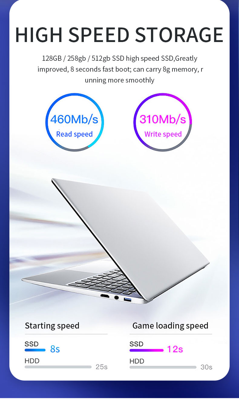 Abit 15.6" Gaming Office Laptops Intel Core i3-6157U 8GB DDR4 256GB FHD IPS Screen Ultra-Slim Computer Windows 10 Home Notebooks USB 3.0*2