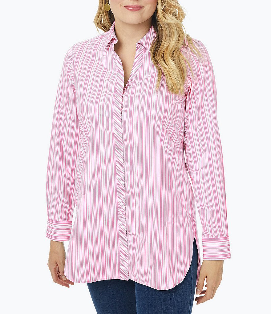 Foxcroft Plus Size Vera Point Collar Neck Long Sleeve Striped Shirt
