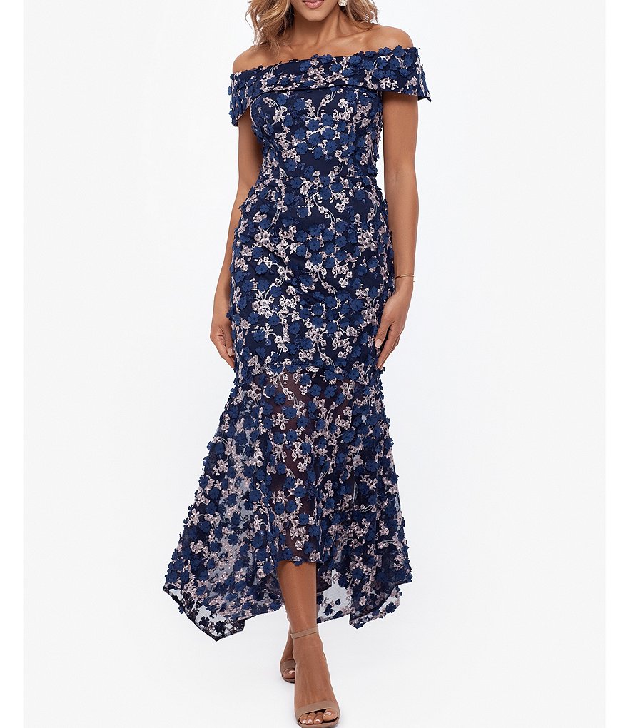 Xscape Midi Raised Flower Off-the-Shoulder Cap Sleeve Flounce Dress