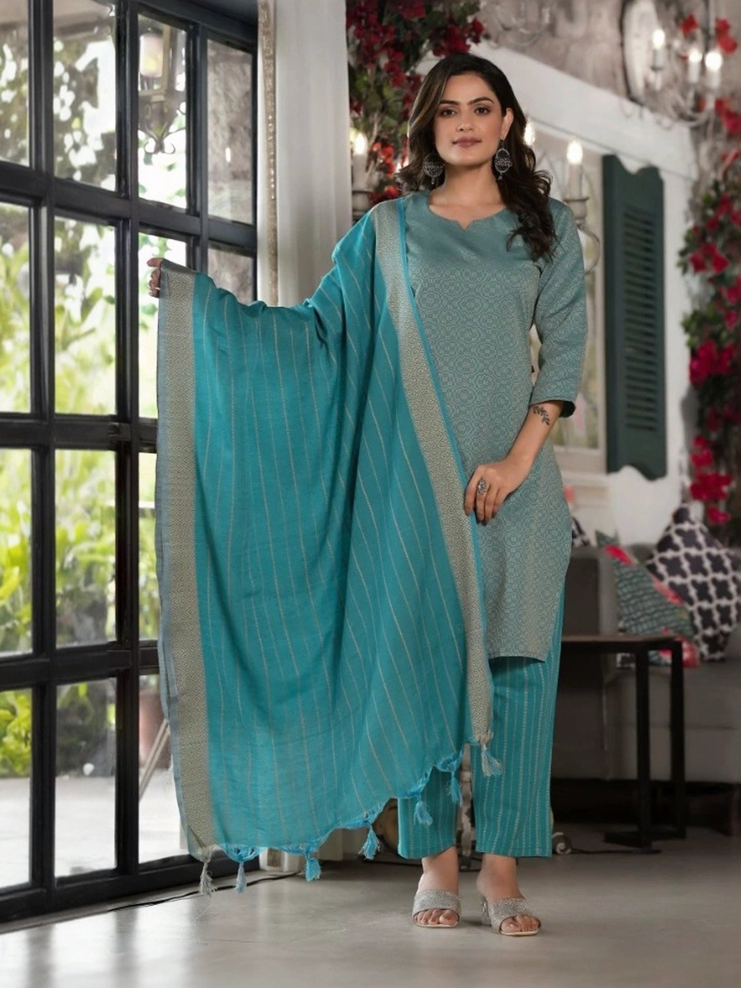 Juniper Blue Cotton Printed Kurta Pant Set With Dupatta