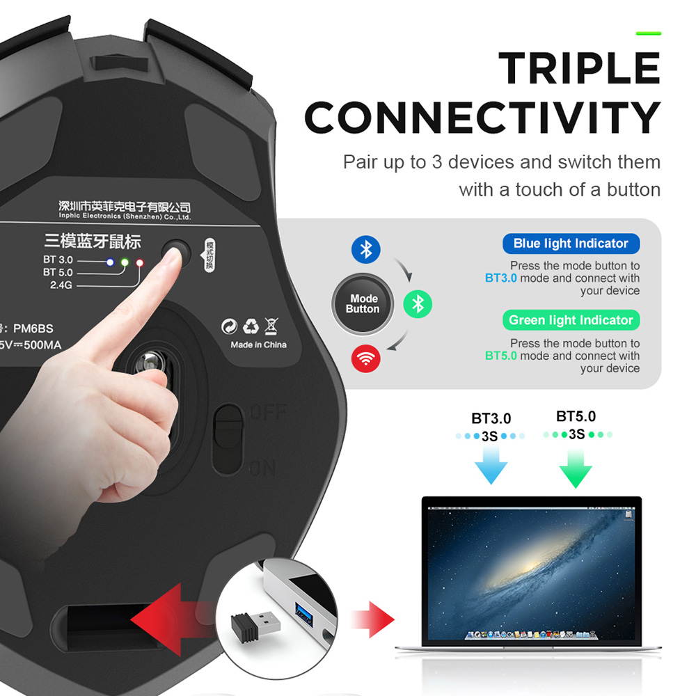 Bluetooth Mouse Wireless 2.4GHz Ergonomic Mice Mouse 4000DPI USB Receiver Optical Computer Gaming Mouse for Laptop PC