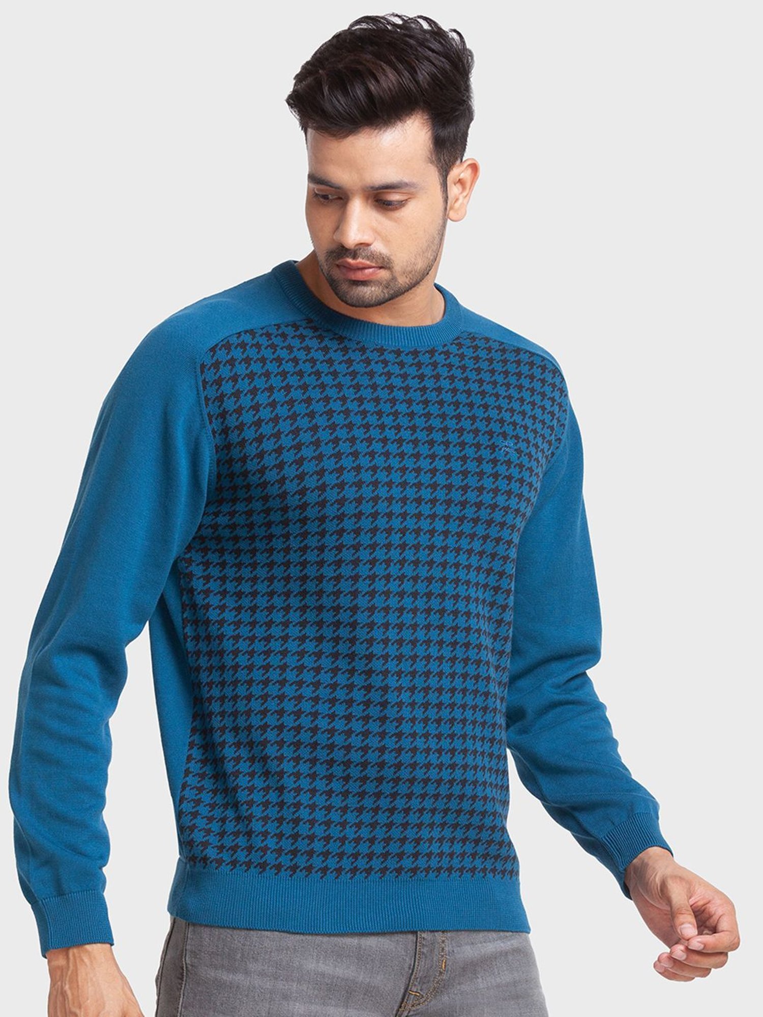 ColorPlus Blue Cotton Tailored Fit Self Pattern Sweaters