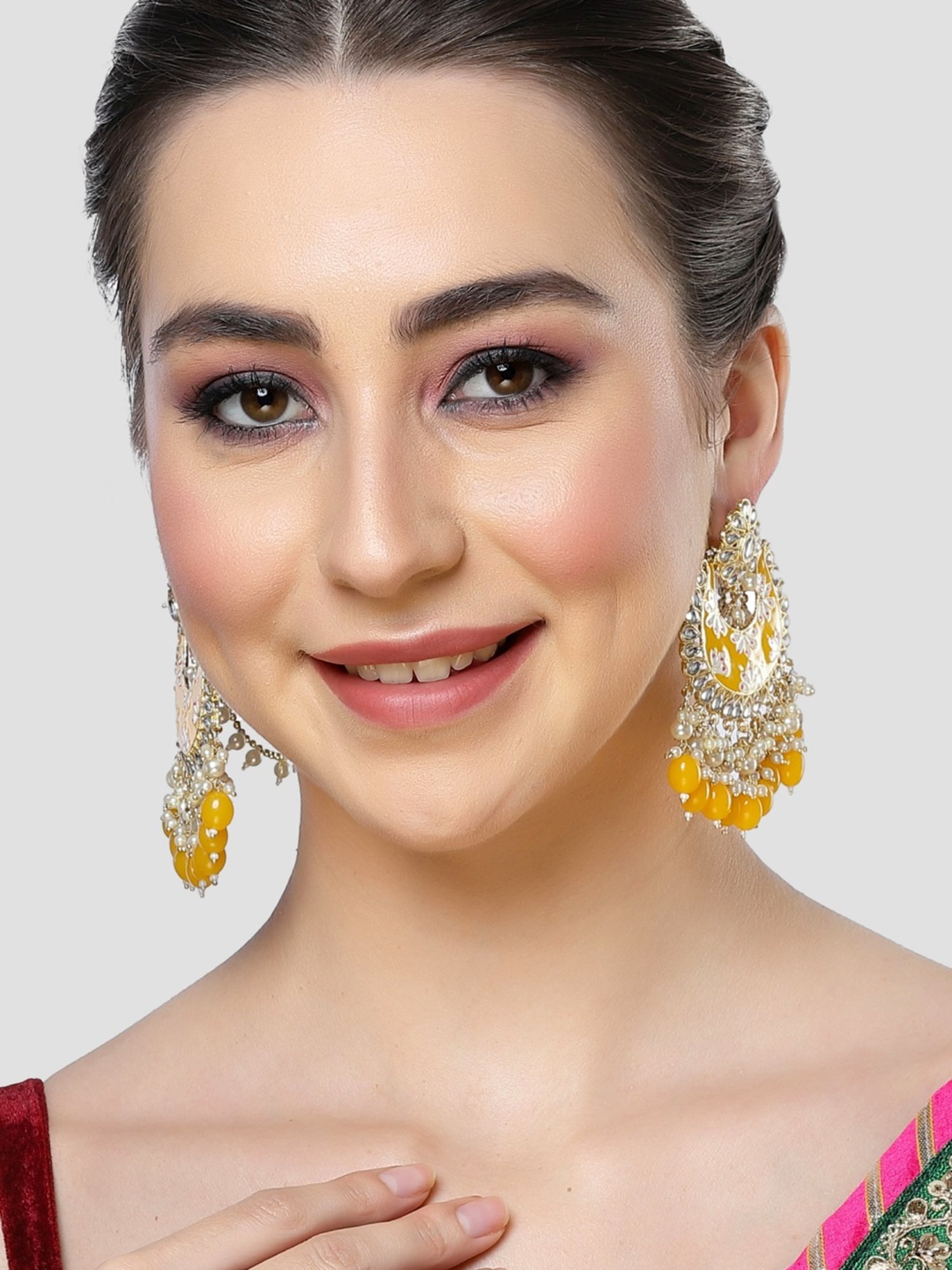 Karatcart Yellow Meena Floral Design Gold Plated Pearl and Tumble Studded Kundan Kaanchain Earrings