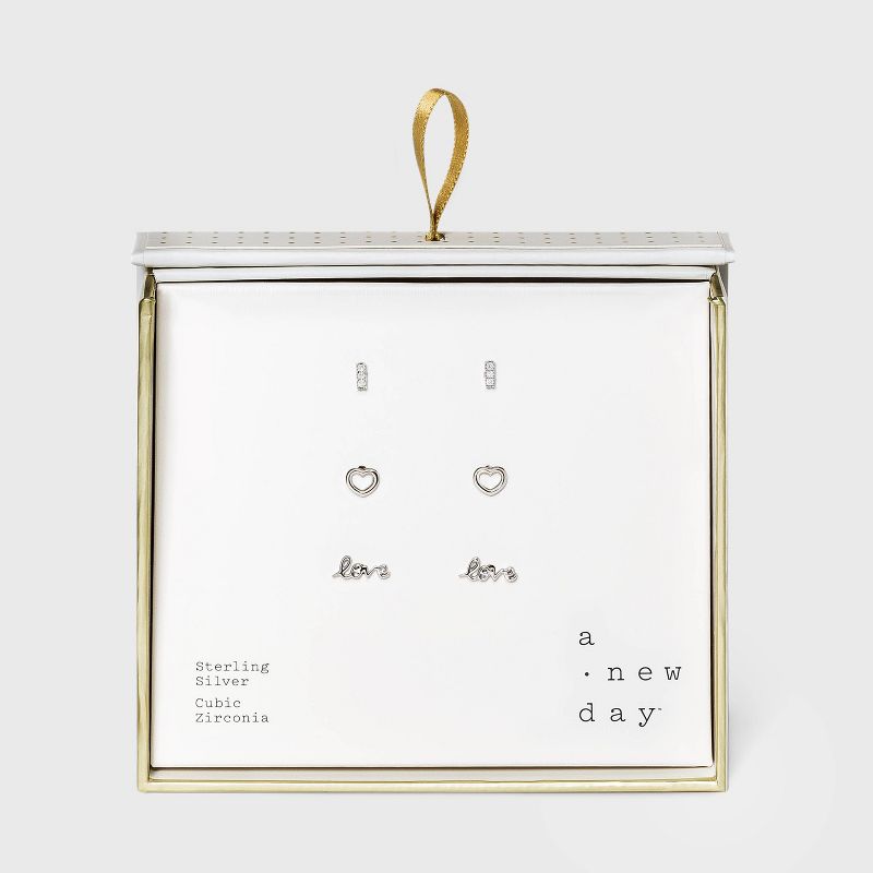 Sterling Silver with Cubic Zirconia Stud Earring Set 3pc - A New Day™ Silver