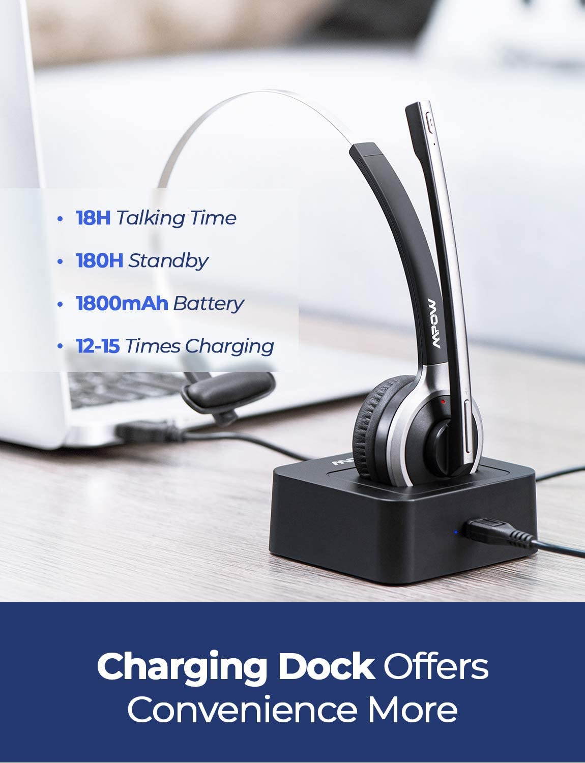 Bluetooth Headset with Microphone, Wireless Headphones for Cell Phone, Noise Canceling Headset with Charging Base for PC, Laptop, Truck Driver, Office, Call Center, Skype