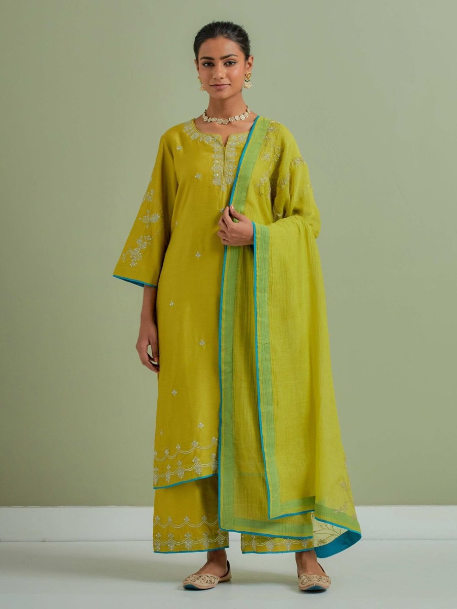 Priya Chaudhary Lime Green Qainat Embroidered Chanderi Silk Kurta