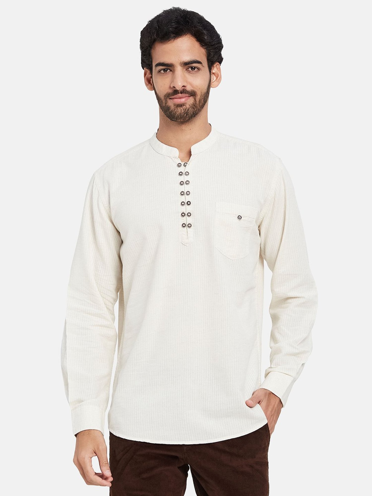 METTLE Cream Regular Fit Striped Shirt