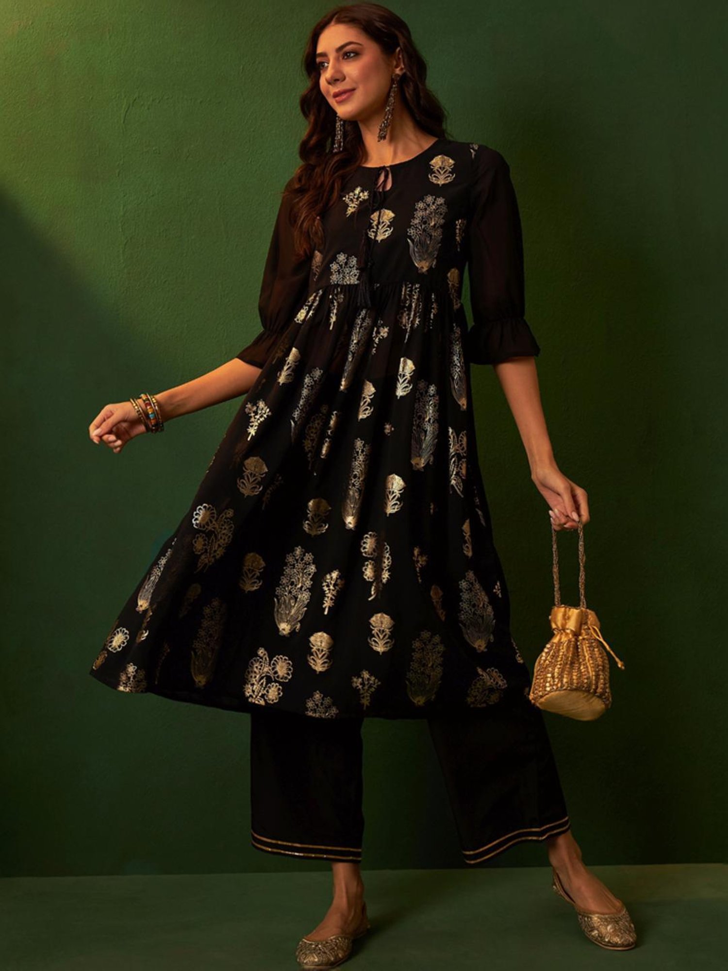Ziyaa Black Printed Kurta Palazzo Set