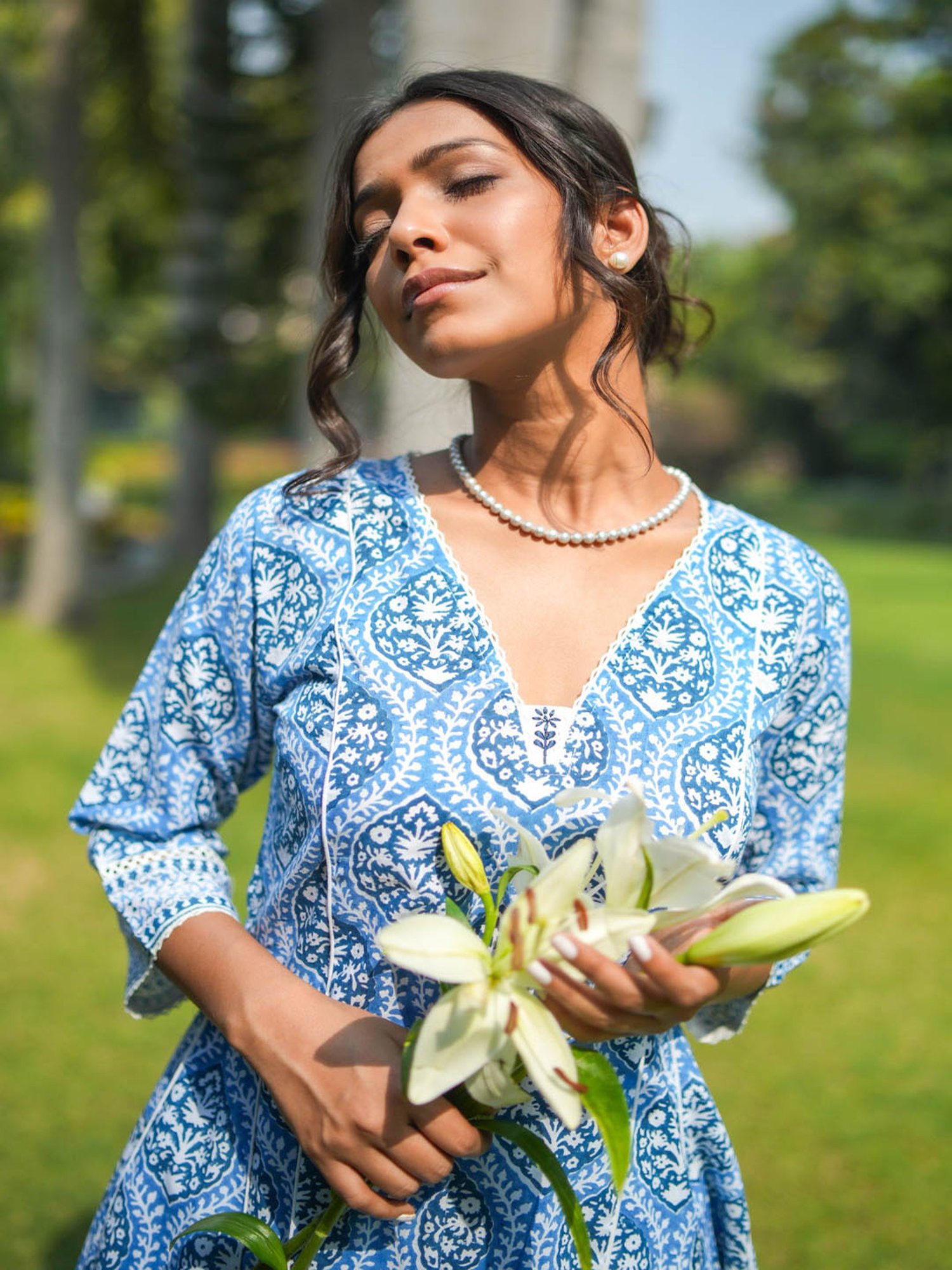 Akiso Blue Hand Block Printed Flared Kurta Set With Hand Embroidery Detail ( Set Of 2 )