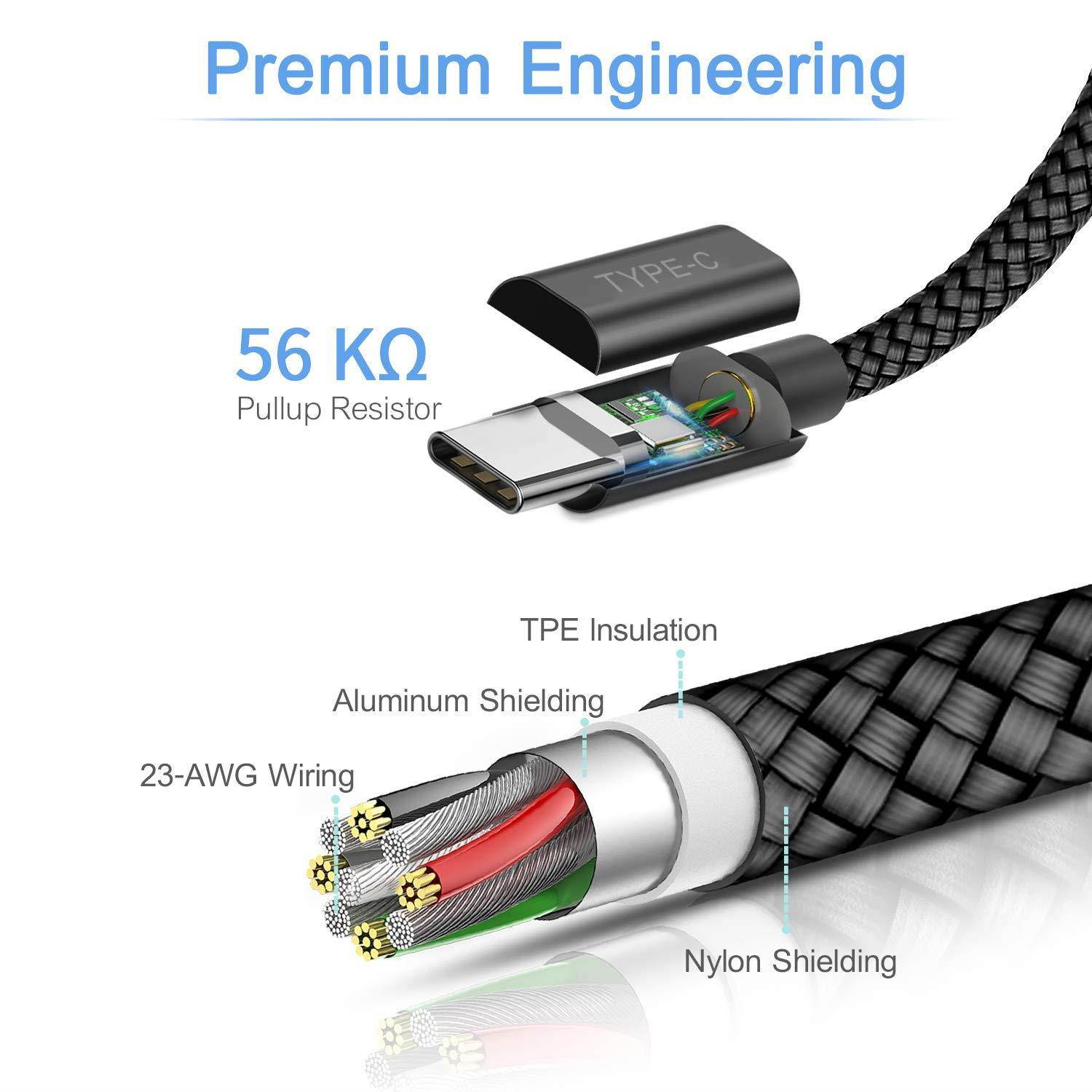 USB Type C Charger Cable 6.6FT,2-Packs,Basesailor Nylon Braided Charging Cord,Works with Samsung Galaxy Note 9 8 S8 S9 Plus,LG V40 V35 V30 G7 G6 Thinq,Google Pixel 3 2 XL,Moto Z3,ZTE Blade Zmax,Black