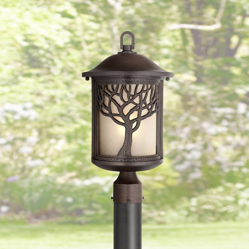 John Timberland Mission Outdoor Post Light Bronze Tree Pattern 18 3/4" Etched Amber Glass for Exterior Deck Garden Yard Patio
