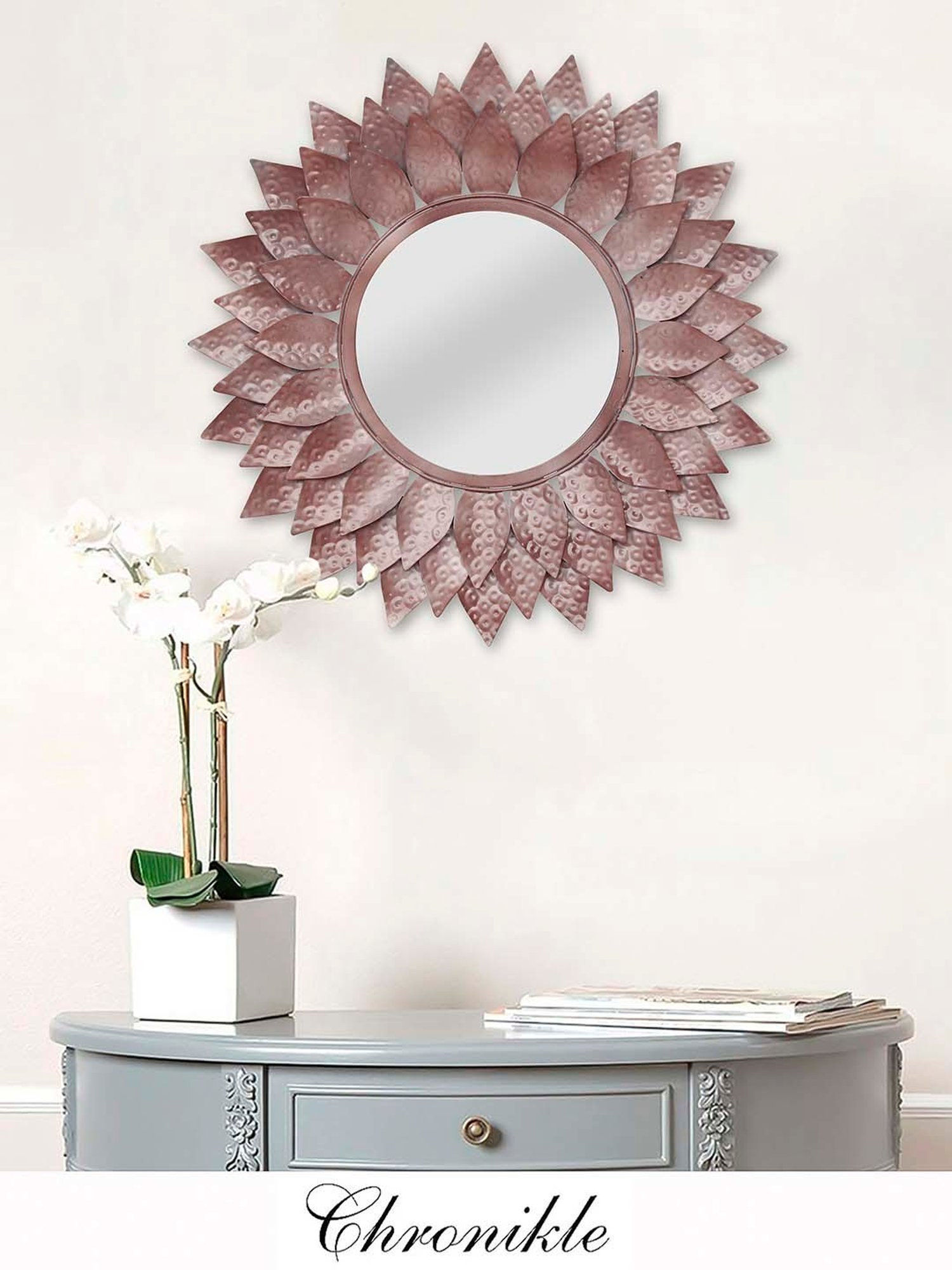 CHRONIKLE Pink Iron Sun Burst Designer Round Wall Mirror