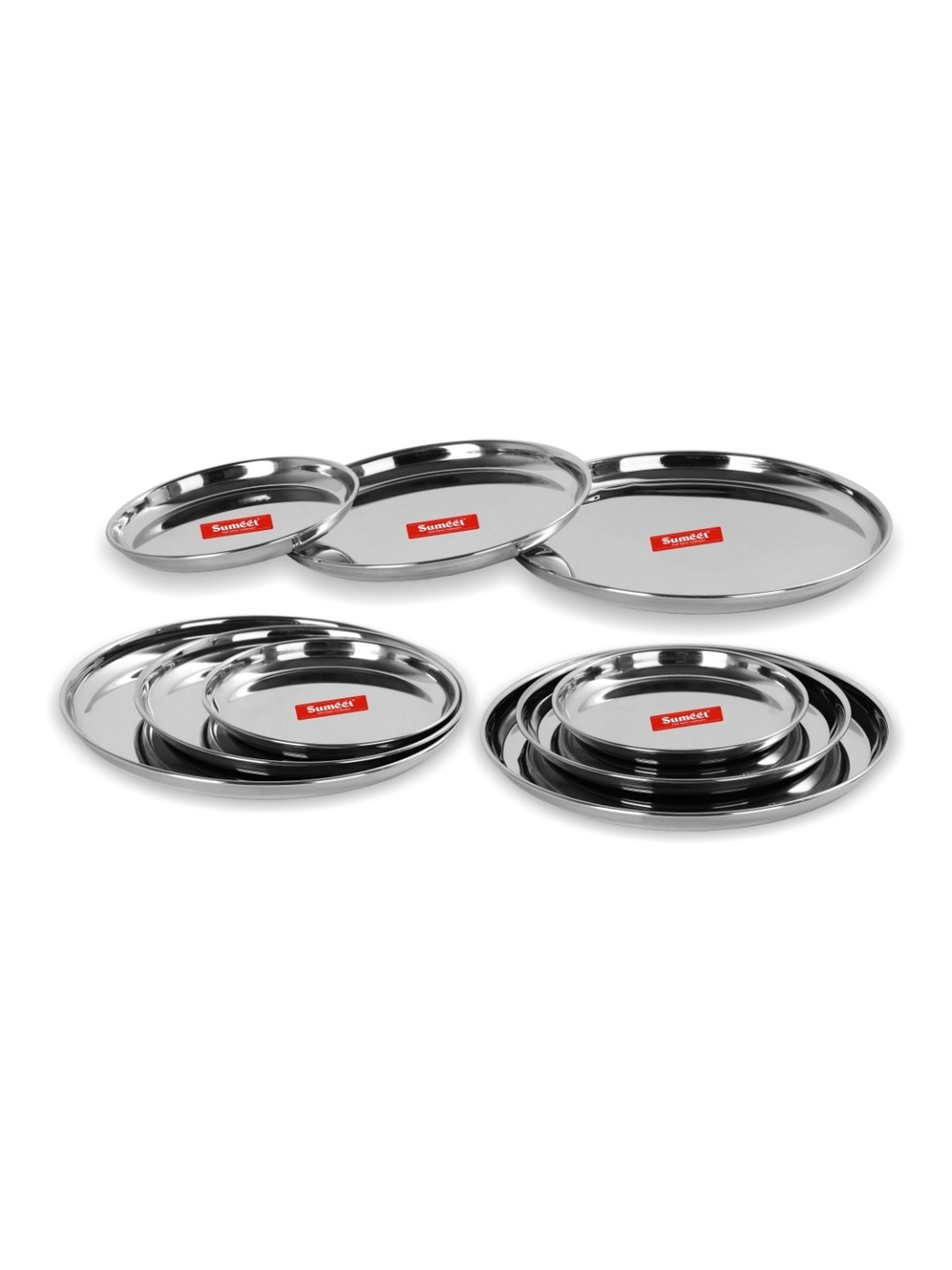 Sumeet S.S. Heavy Gauge Multi Purpose Plates with Mirror Finish Set of 9pc ( Dia-17cm, 22cm,27.5cm)