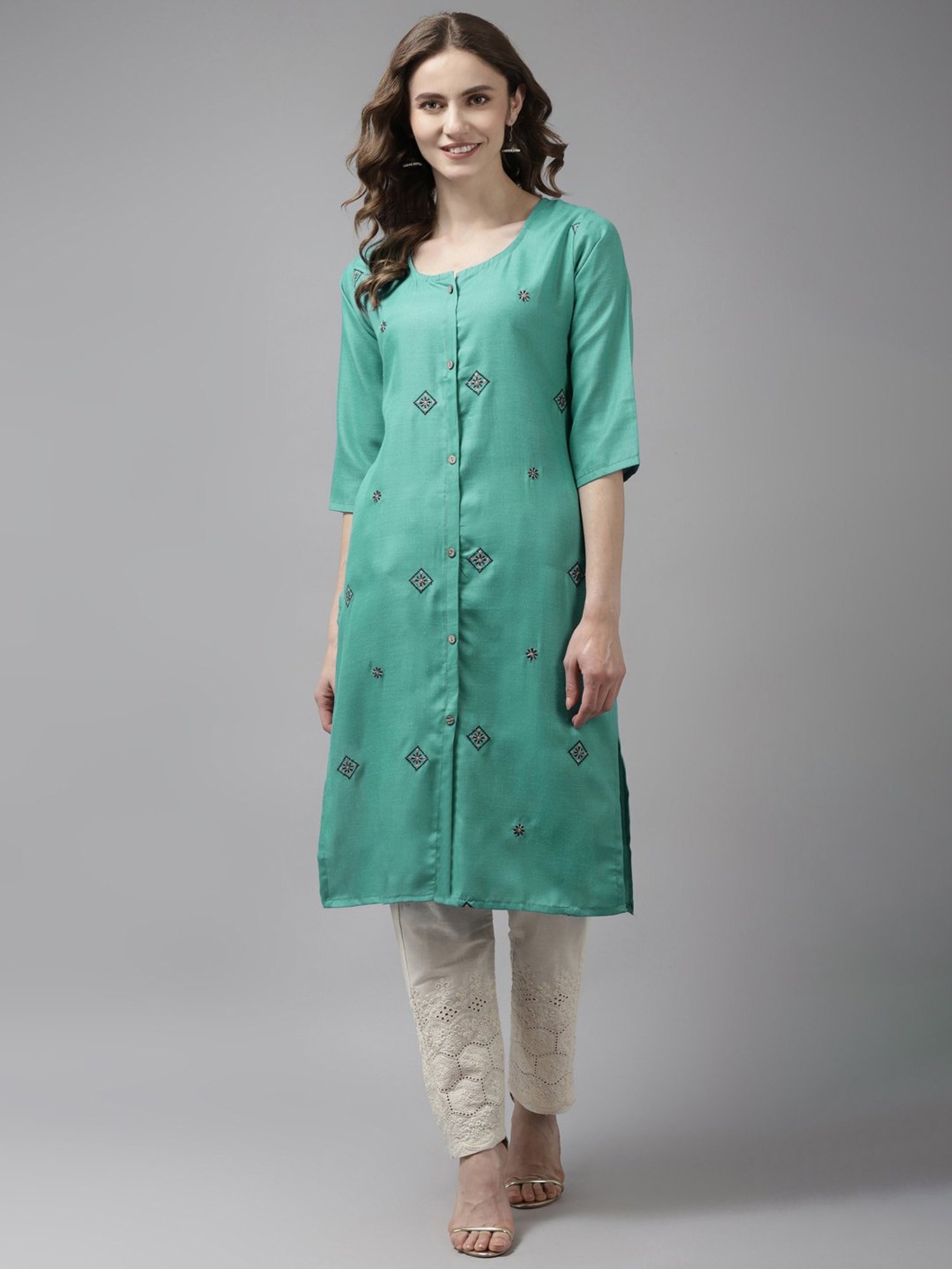 Aarika Blue Cotton Embroidered Straight Kurta