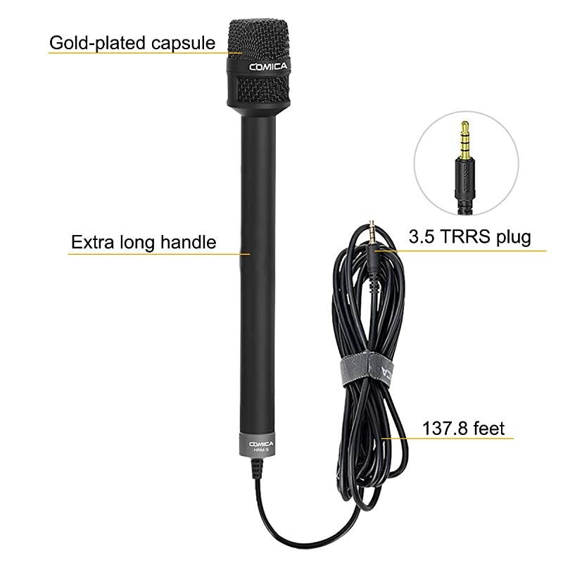 HRM-S Interview Microphone Condenser Cardioid Microphone with 3.5mm TRRS Plug, Reporter Microphone for iPhone Android Smartphone and Laptop, Handheld Mic for Interviews, Reports, Presentation