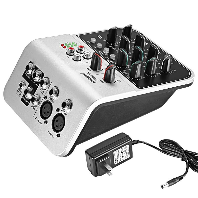 Mixing Console Compact Audio Sound 4Channel Mixer for Condenser Microphone with 48V Phantom Power 2 Band EQ 2way Stereo Line Input RCA InputOutput 4 Band LED Level Indicator NW021A