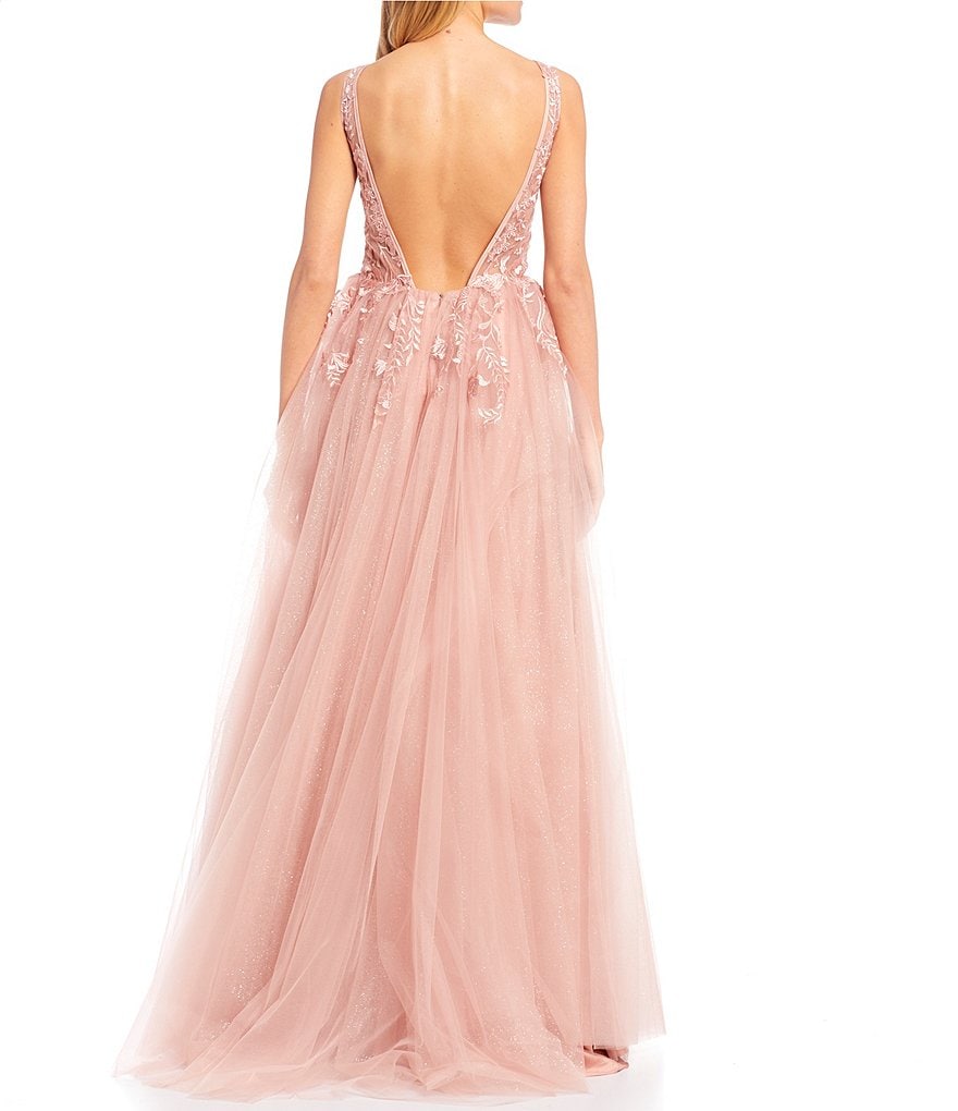 Coya Collection Sleeveless Plunging V-Neck Embroidered Lace Tulle Ball Gown