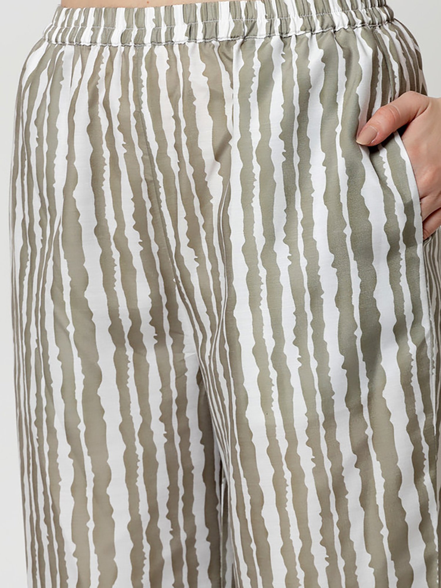 Office & You Olive Striped Regular Fit Mid Rise Palazzos