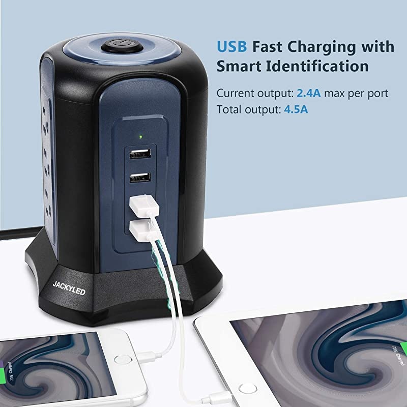 98Ft White Surge Protector Power Strip Tower 18AWG 10A Long Extension Cord with 9 AC Outlets 4 USB Ports Charging Station for Multiple Devices Fireproof Outlet for Home School Office