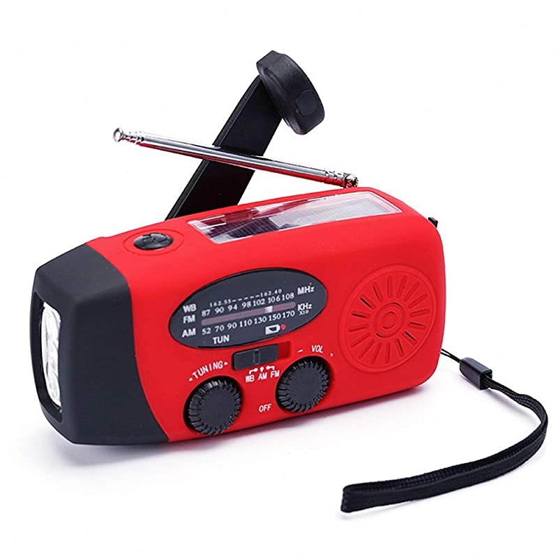 Weather Radio Hand Crank Self Powered Solar Emergency Radios with 3 LED Flashlight 1000mAh Power Bank Smart Phone Charger Red