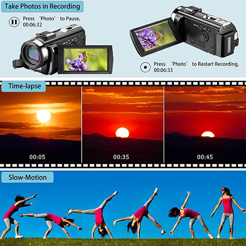 Camera Full HD 1080P 30FPS 24MP YouTube Camera Camcorder 3.0 Inch 270&deg; Rotation IPS Screen 16X Digital Zoom Vlogging Camera with Microphone, Remote, Lens Hood, 2 Batteries