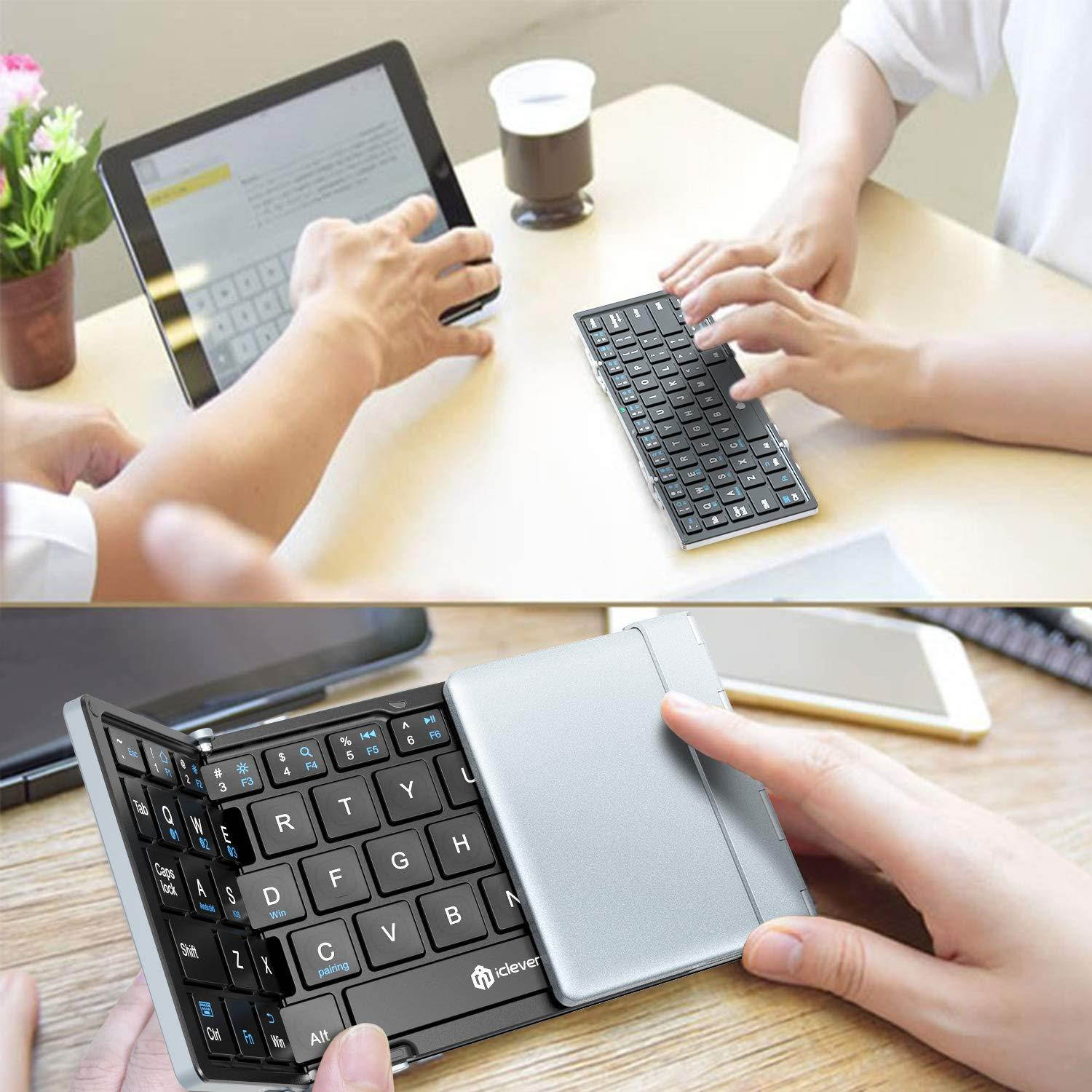iClever Bluetooth Keyboard, Bluetooth 5.1 Foldable Wireless Keyboard with Portable Pocket Size, Aluminum Alloy Housing, Carrying Pouch, for iOS Windows Android Tablets, Laptops and Smartphones