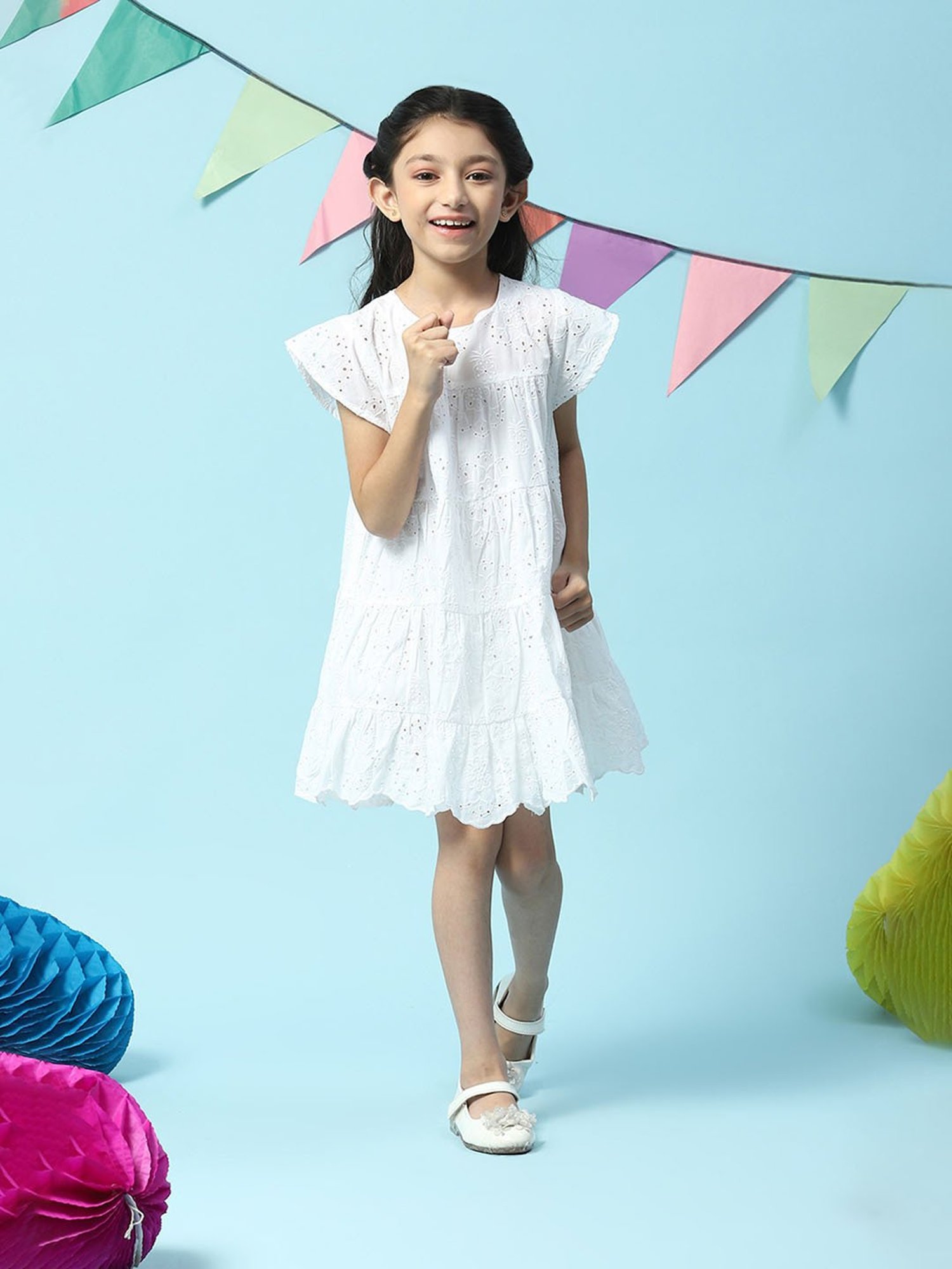 BIBA Girls White Self Design Dress