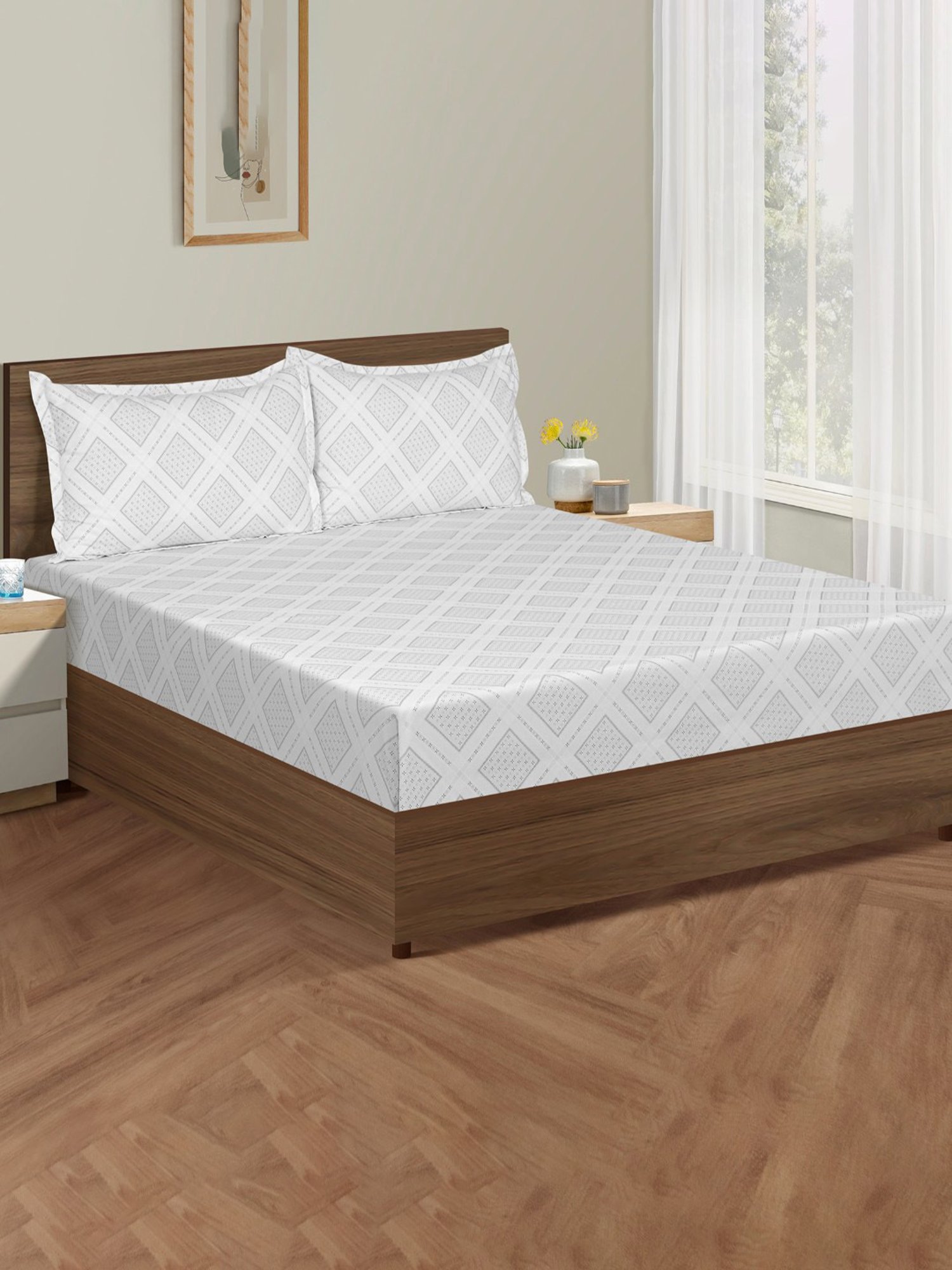 Swayam Dona Abstract Grey 250 TC Cotton King Bedsheet with 2 Pillow Covers