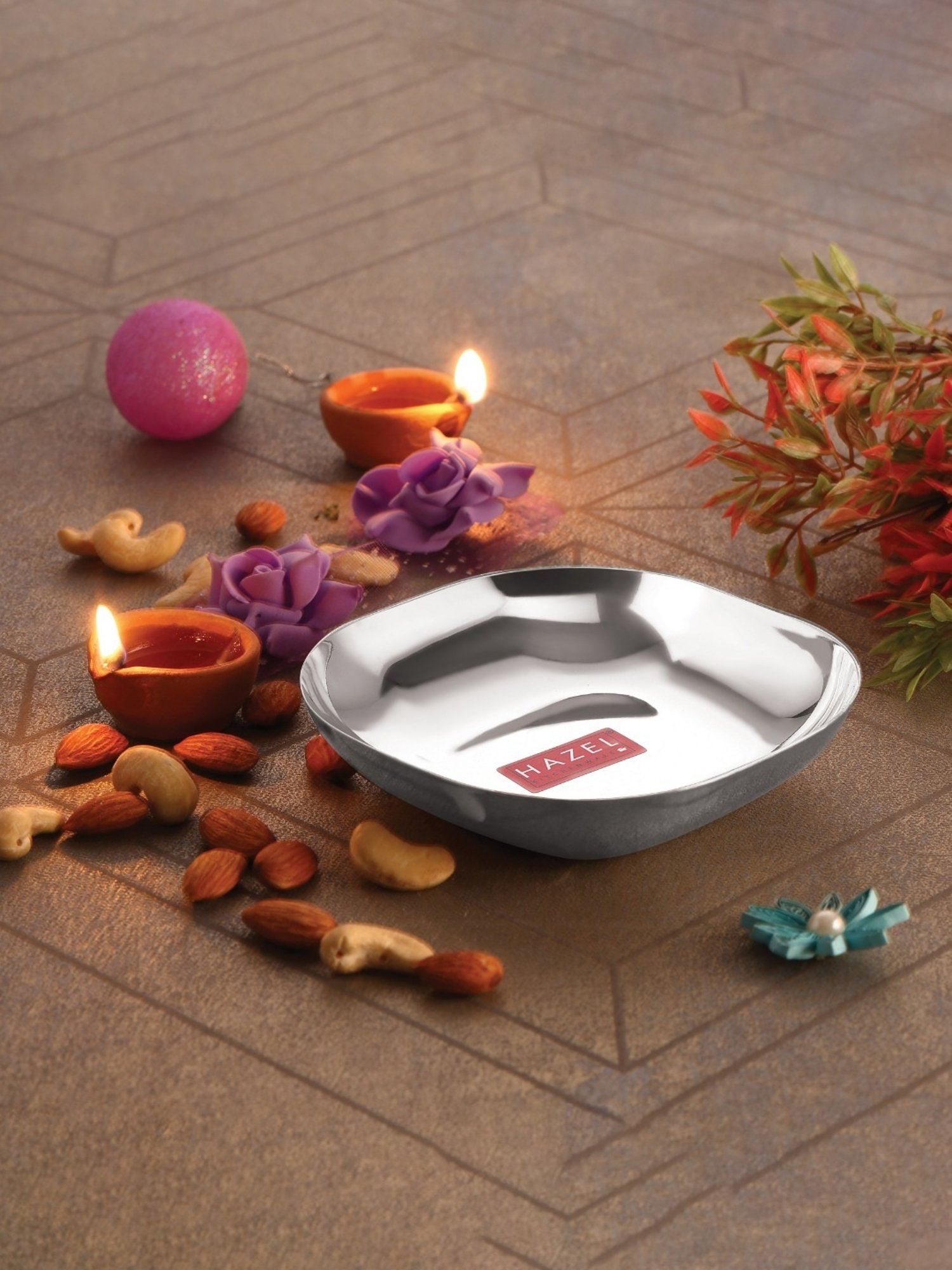 HAZEL Silver Stainless Steel Square Shaped Bowl for Snacks (260ml)