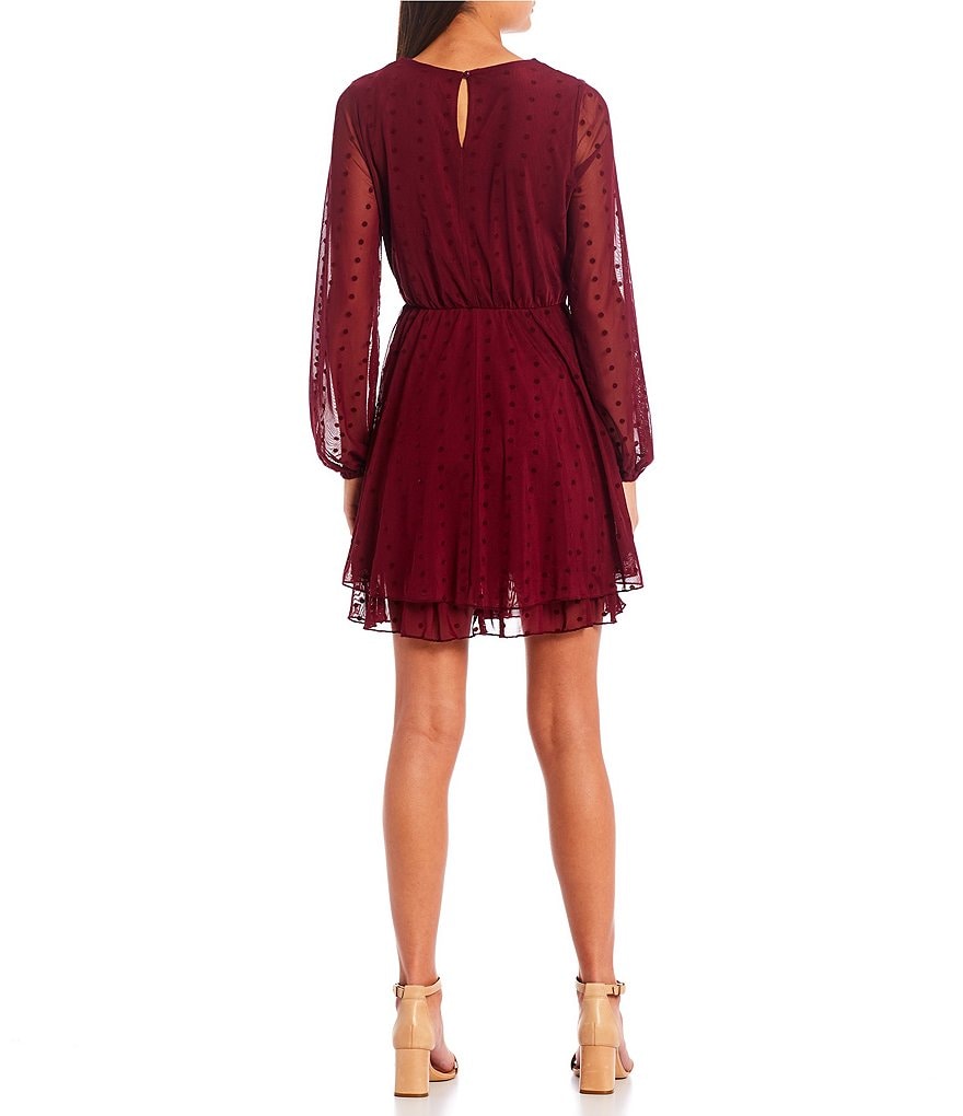 Allison & Kelly Long Sheer Sleeve Surplice Neck Flocked Dot Tiered Dress