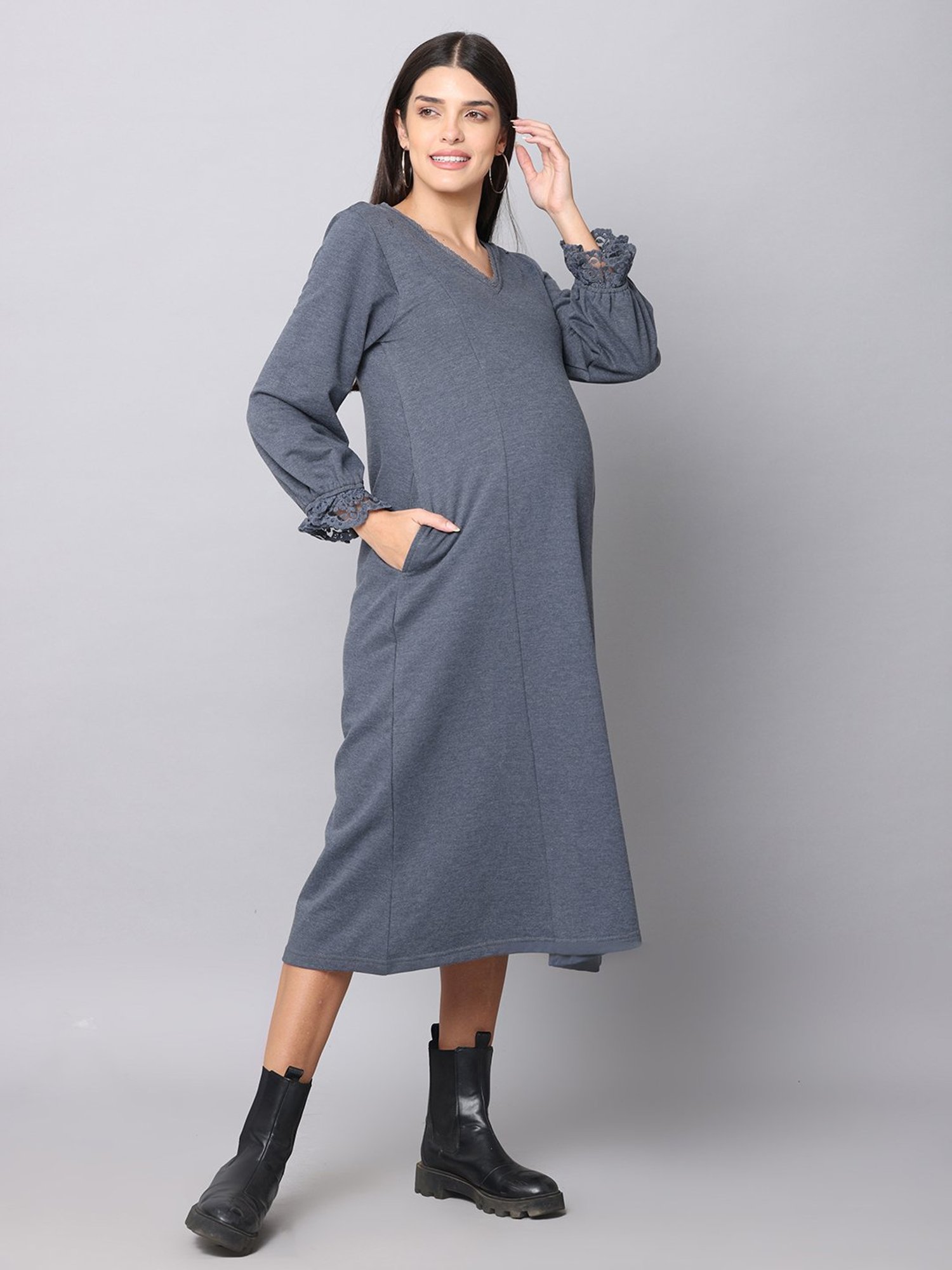 The Mom Store Dark Grey Maternity & Nursing Sweater Dress