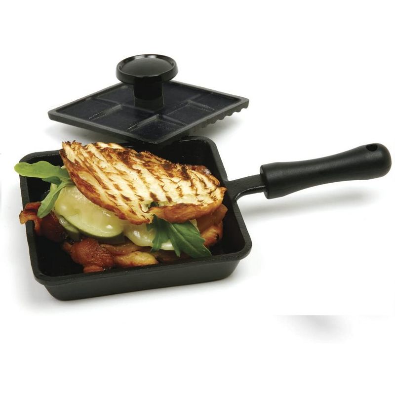 Norpro Cast Iron Mini Single Sandwich Stovetop Outdoor Kitchen Camping Panini Press Burger Bacon Grill Pan with Press, Black