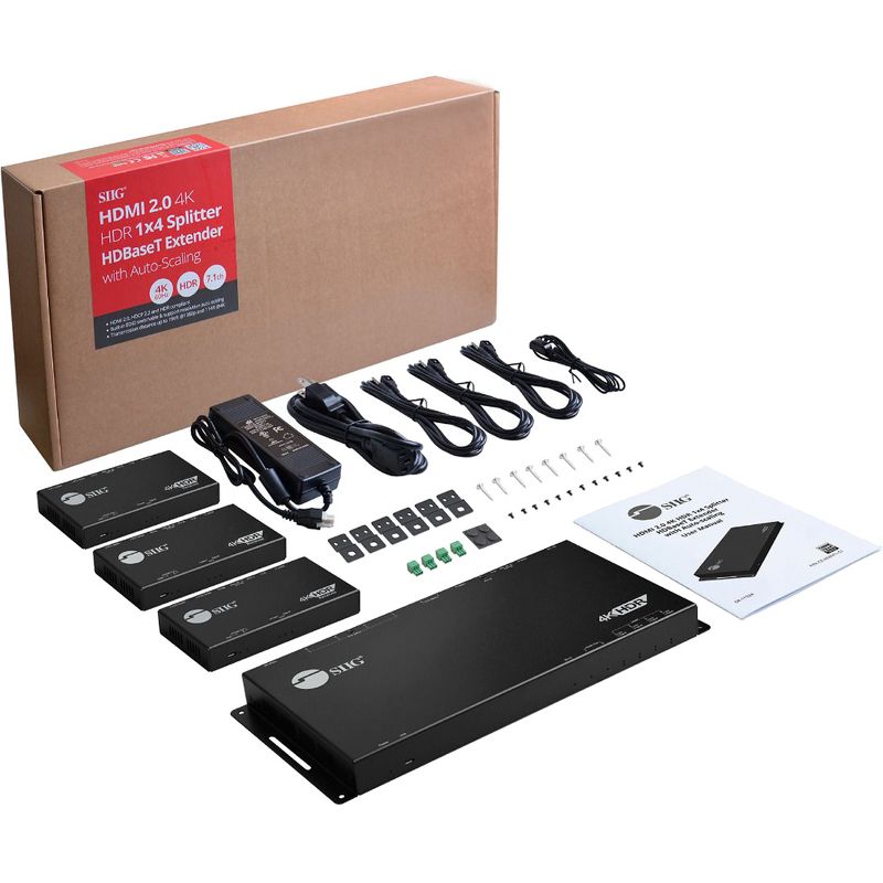 SIIG HDMI 2.0 4K HDR 1x4 Splitter HDBaseT Extender with Auto-scaling - 1 Input Device - 2 Output Device - 198 ft Range - 6 x Network (RJ-45) - 2 x USB