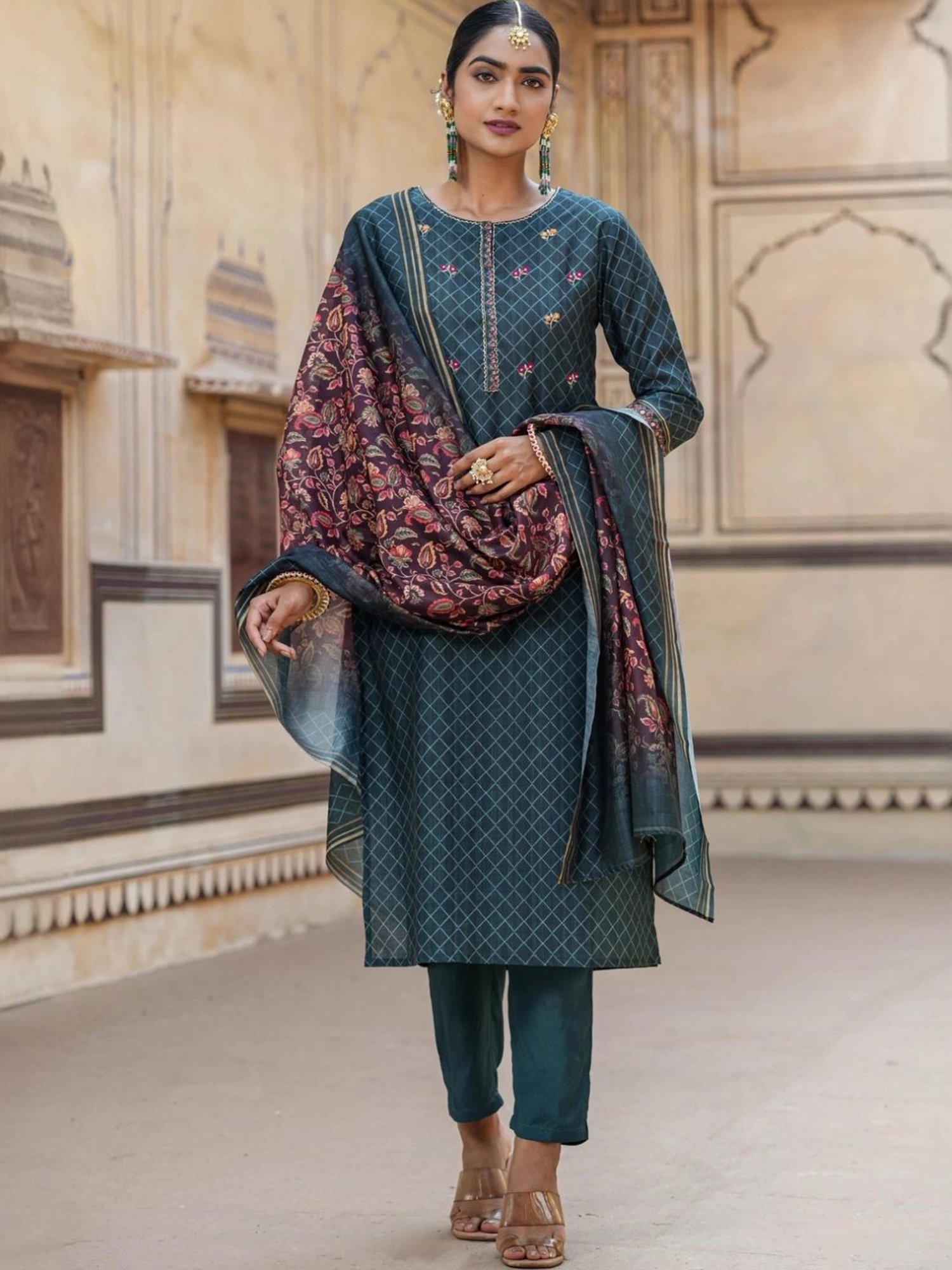 Scakhi Deep Teal Modal Chanderi Printed Suit Set Kurta With Pant And Dupatta