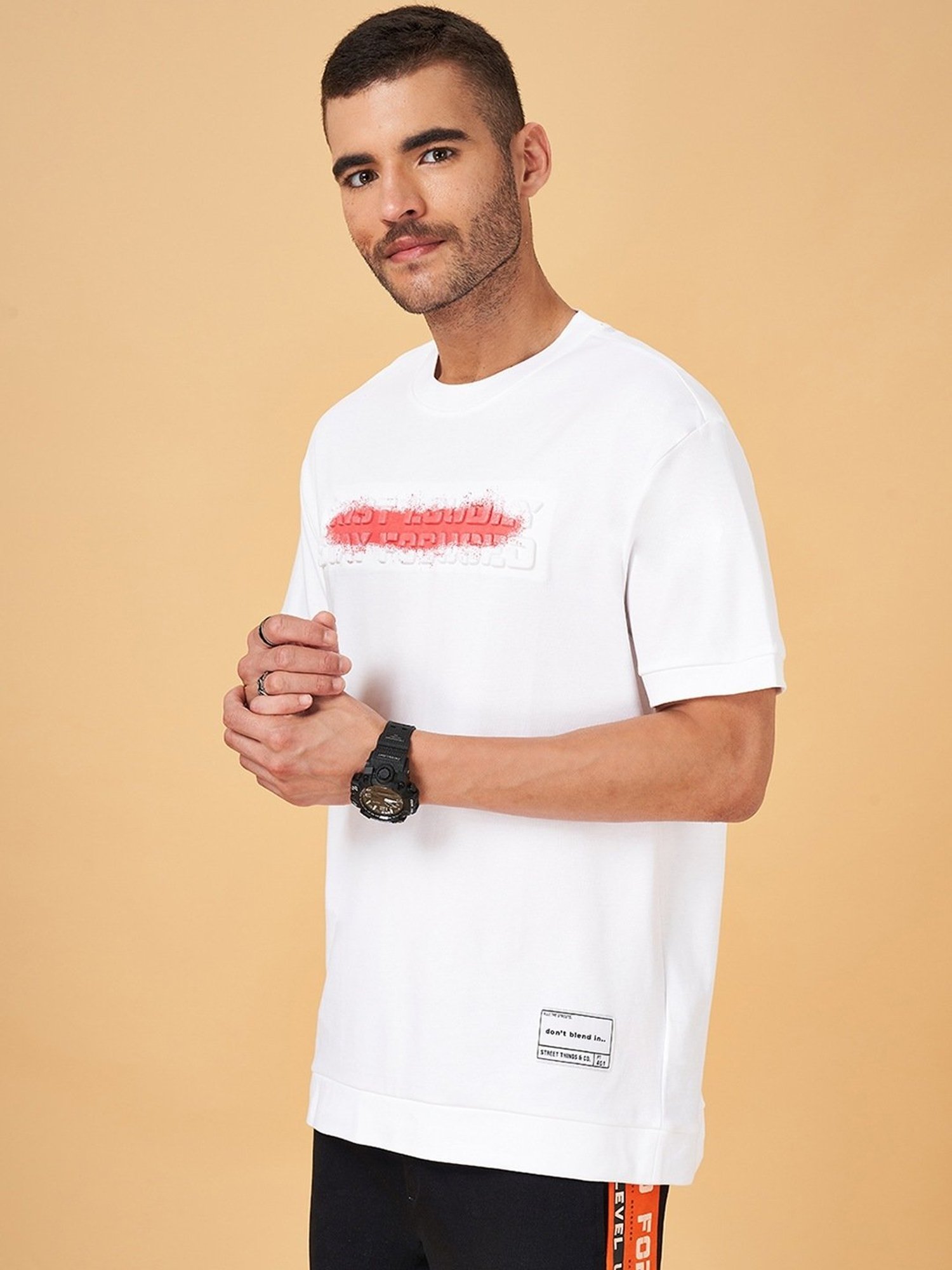 Street 808 by Pantaloons White & Red Cotton Boxy Fit Printed T-Shirt