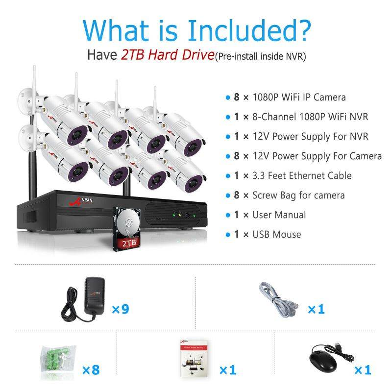 1080P Wireless Home Security Camera System Outdoor,8CH 1080P HD NVR Wireless CCTV Surveillance Systems WiFi NVR Kits with 8Pcs 2MP Wireless IP Cameras,2TB Hard Drive by ANRAN,Email Alarm