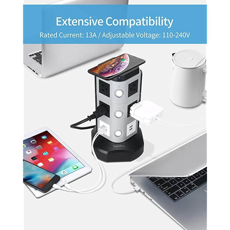 Power Strip Tower with 10W Wireless Charger Surge Protector Tower 3000W 13A with 10 Outlet + 4 USB Ports and 65ft Retractable Cable Desktop Charging Station for Home Office Dorm