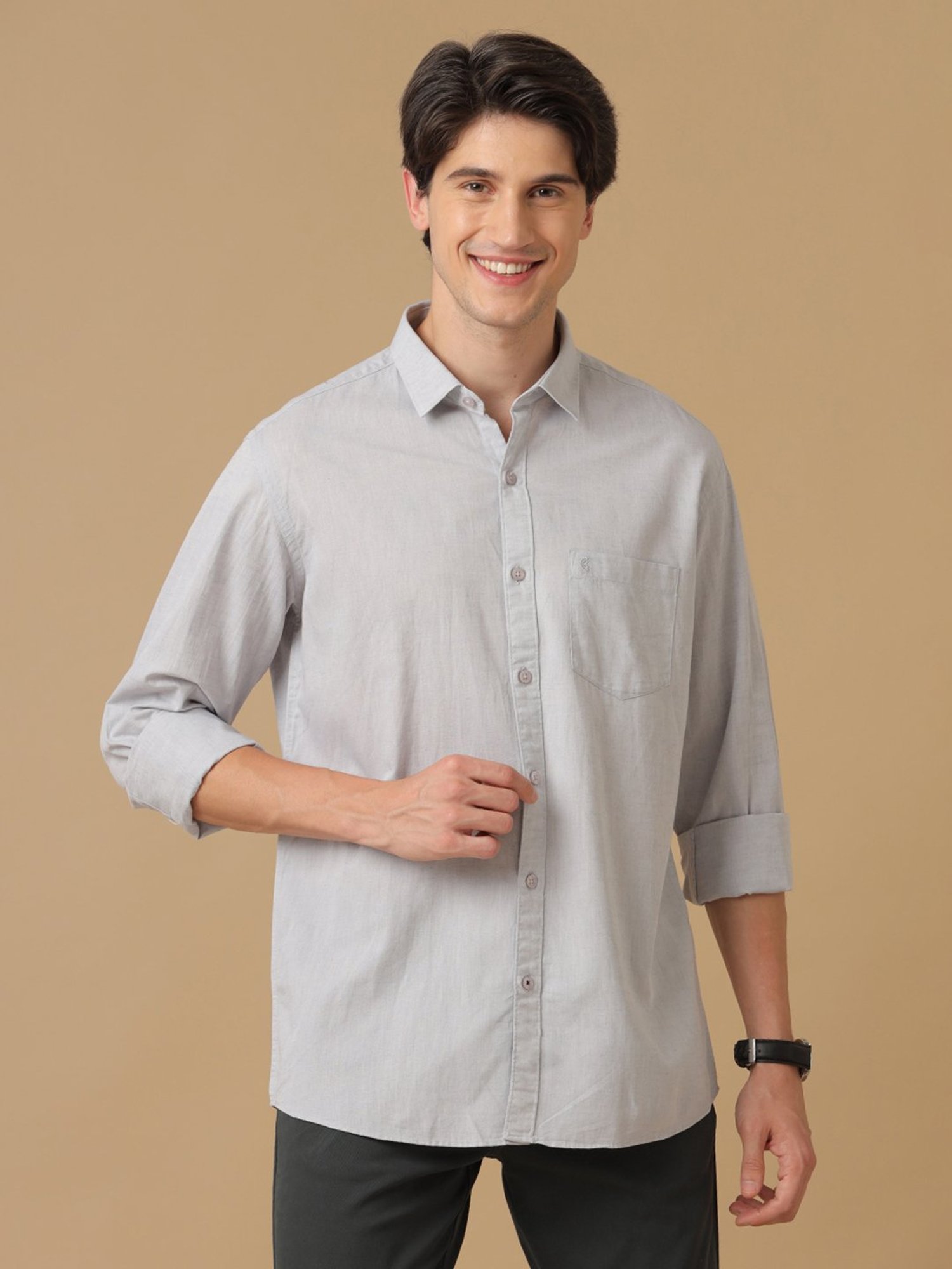 CAVALLO by Linen Club Grey Contemporary Fit Shirt