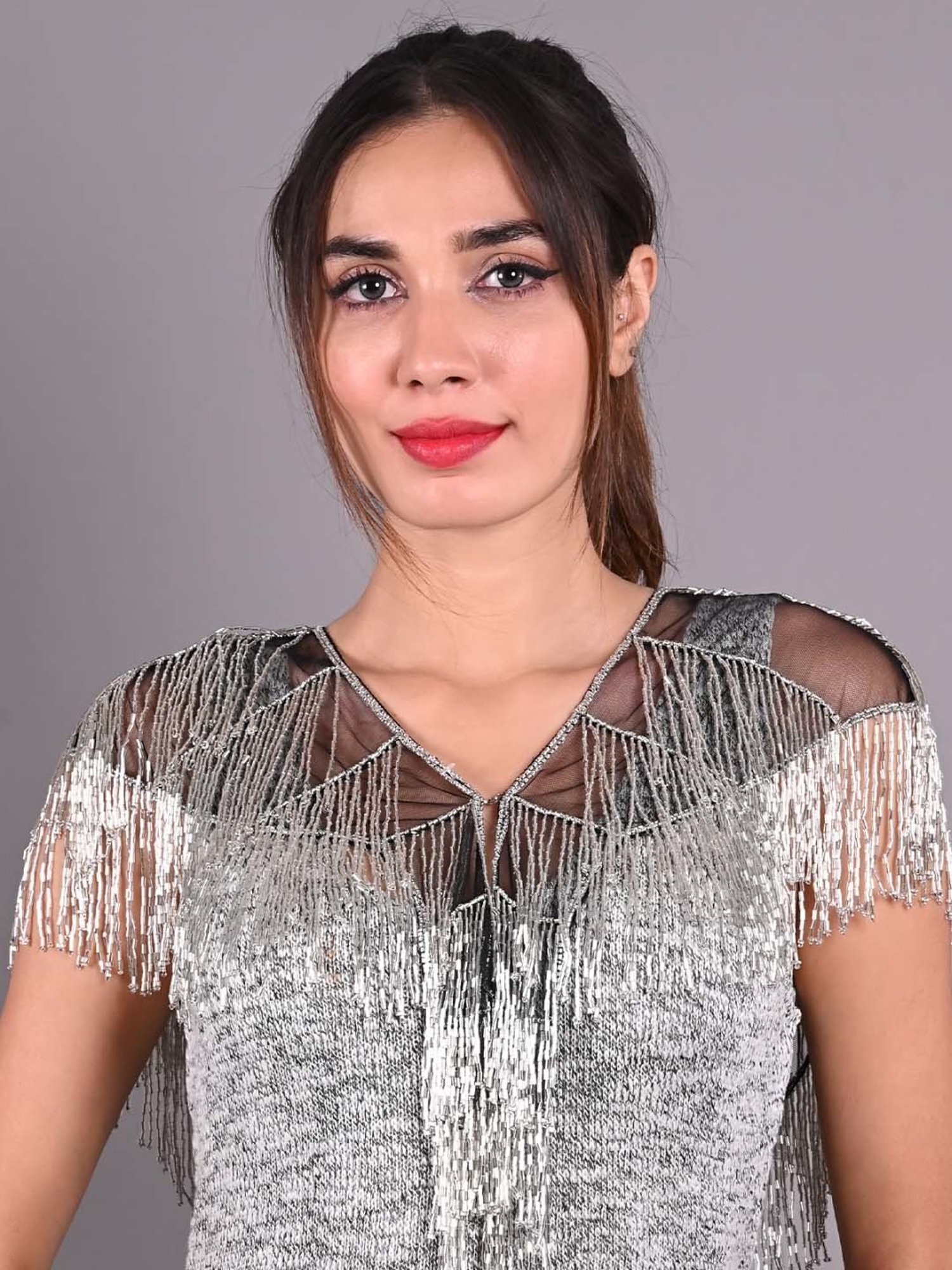 Odette Silver Embellished Fancy Short Cape