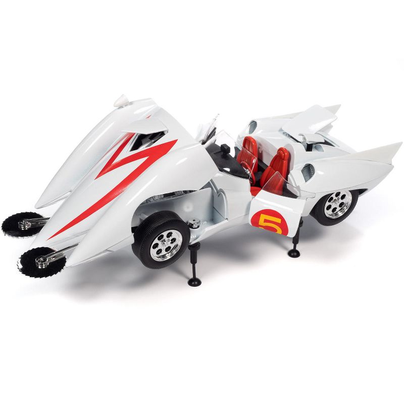 Mach 5 Five White with Chim-Chim Monkey and Speed Racer Figurines 1/18 Diecast Model Car by Autoworld