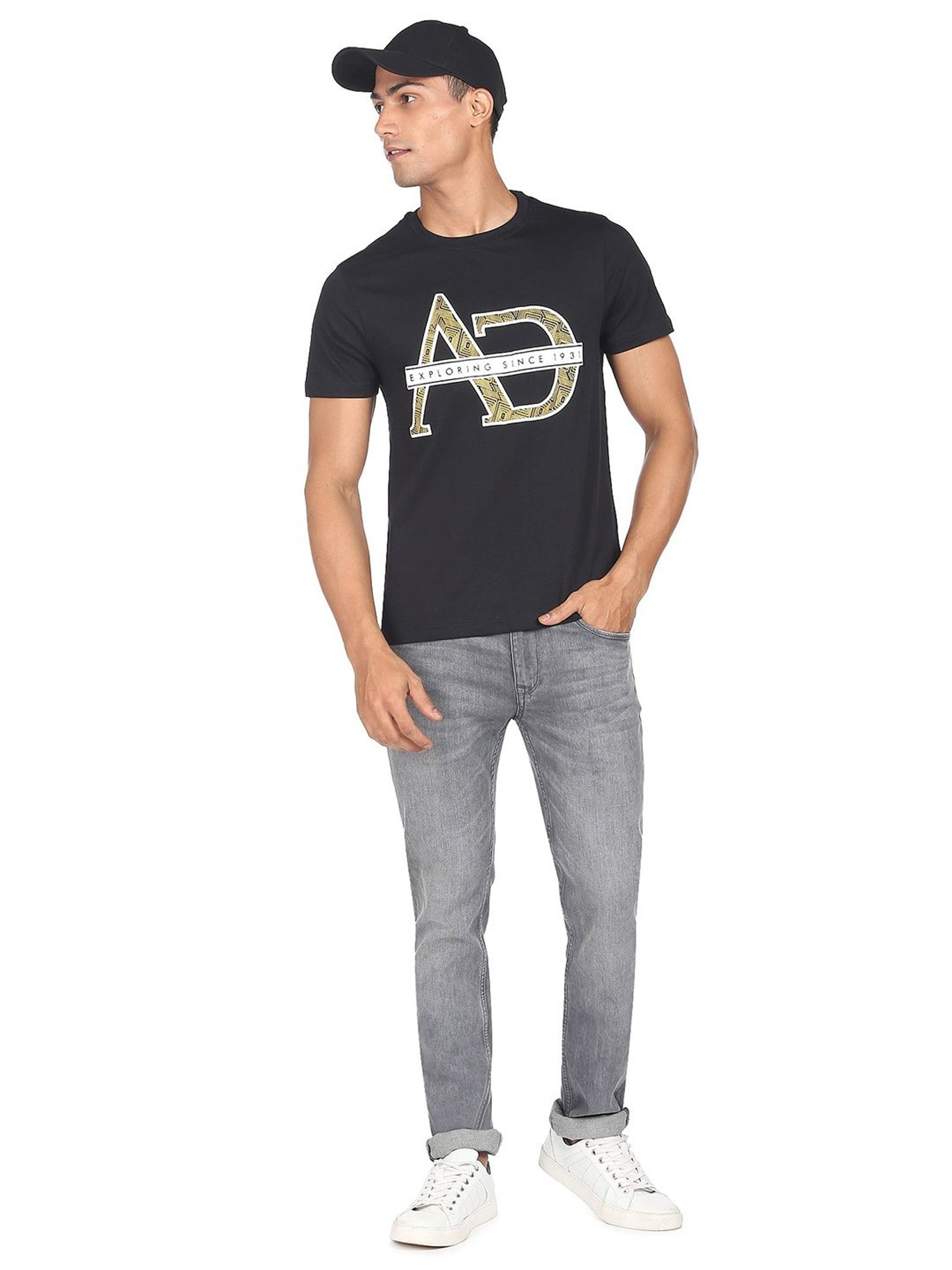 AD by Arvind Black Slim Fit Crew T-Shirt
