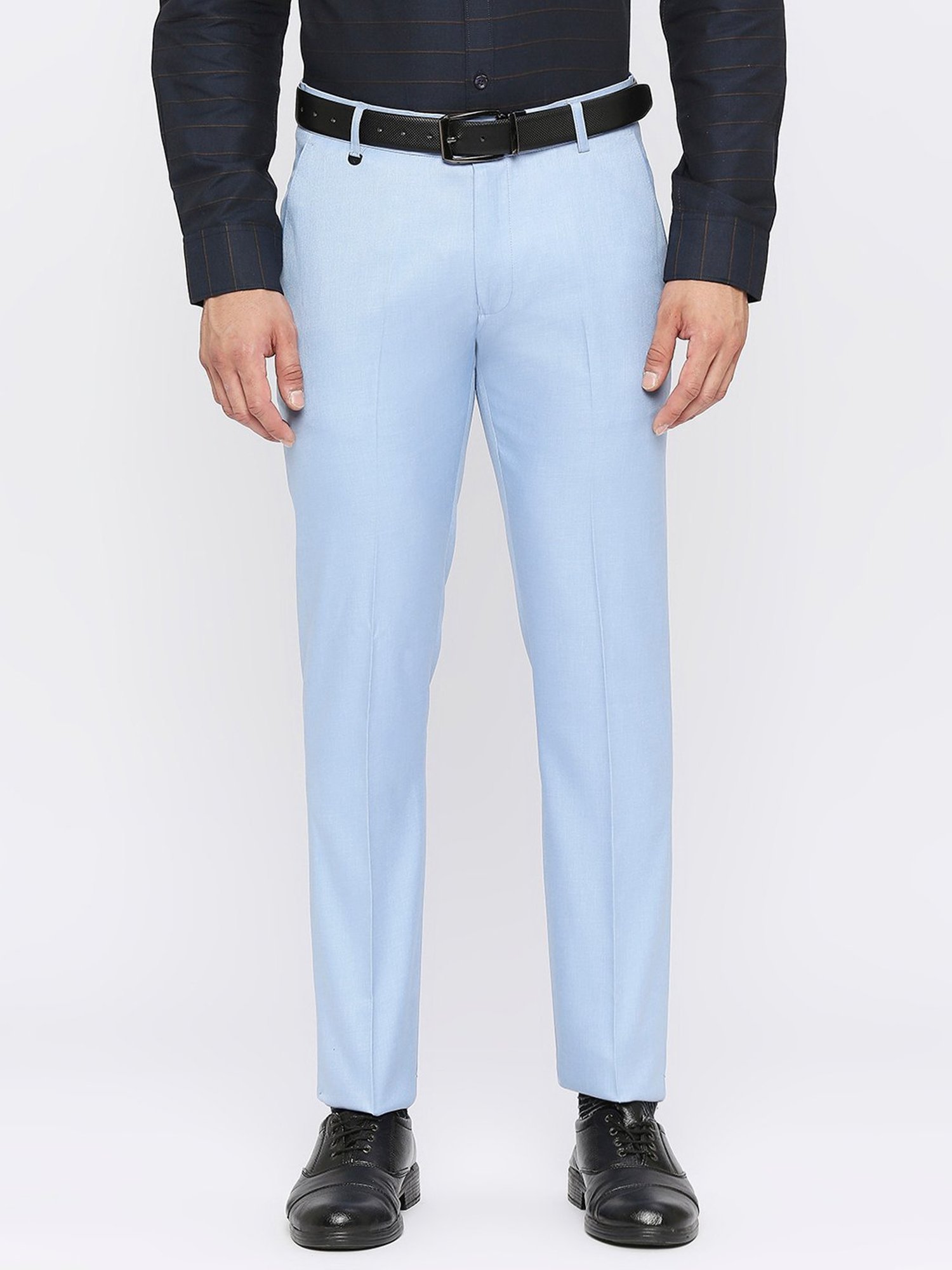 SOLEMIO Sky Blue Slim Fit Flat Front Trousers