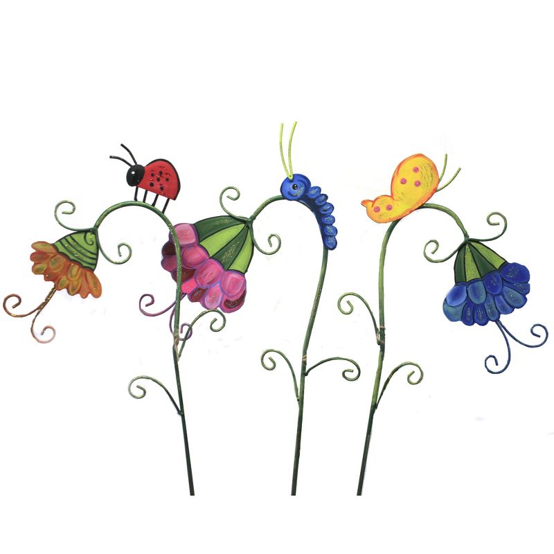 Home & Garden 32.0" Sleepy Flowers Set/3 Ladybug Snail Inch Worm Round Top Collection  -  Decorative Garden Stakes