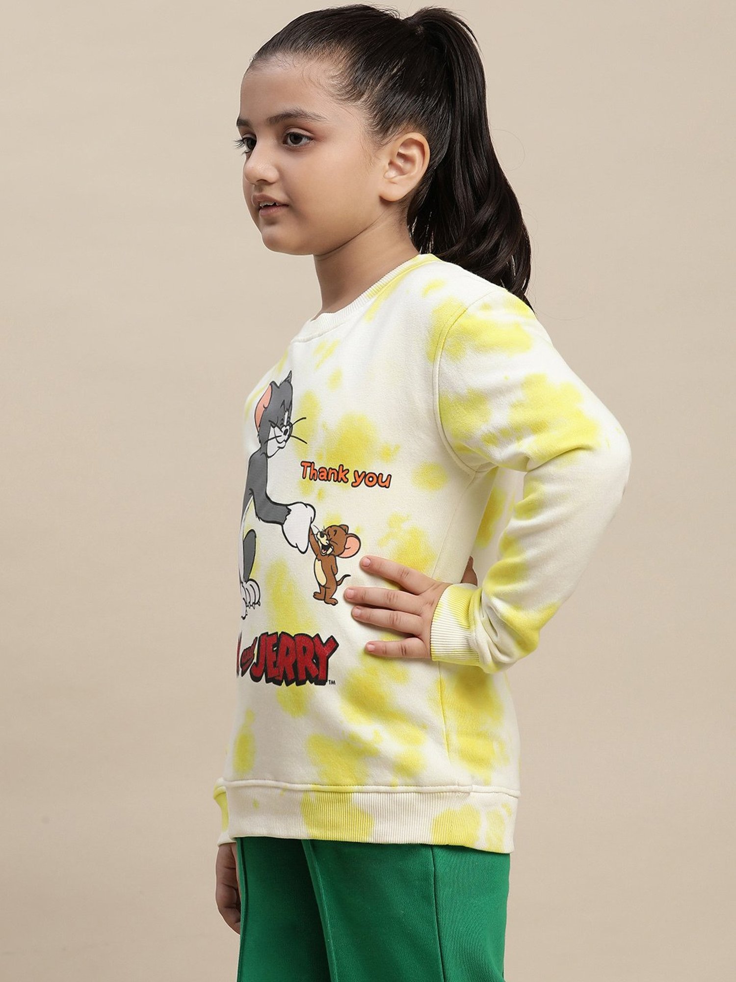 Kidsville Tom & Jerry Printed Yellow Sweatshirt For Girls