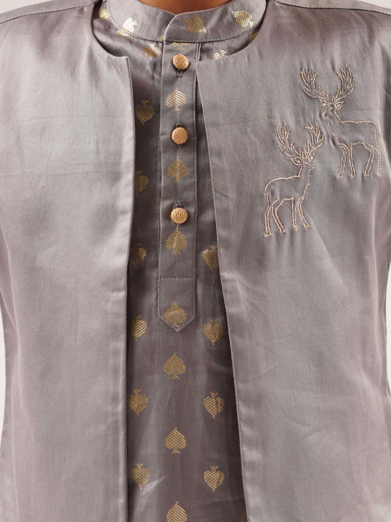 Lil Drama Kids Grey Cotton Embroidered Full Sleeves Kurta Set